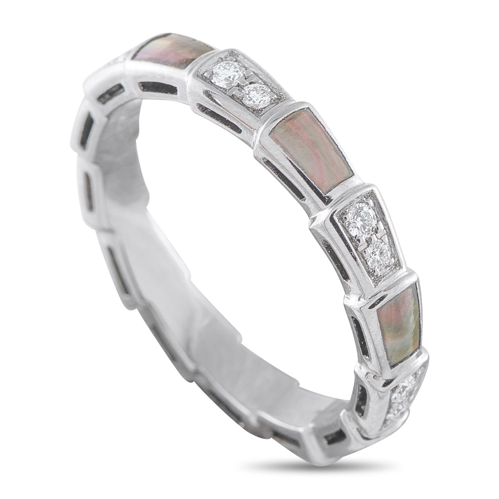 Bvlgari Serpenti Viper 0.41ctw Diamond, 18K, MOP Ring: Bvlgari Serpenti Viper 0.41ctw VS1-VS2/E-F Diamond, 18K White Gold and Black Mother of Pearl Ring - Inspired by the iconic serpent, a symbol of transformation and enduring elegance, this Bvlgari