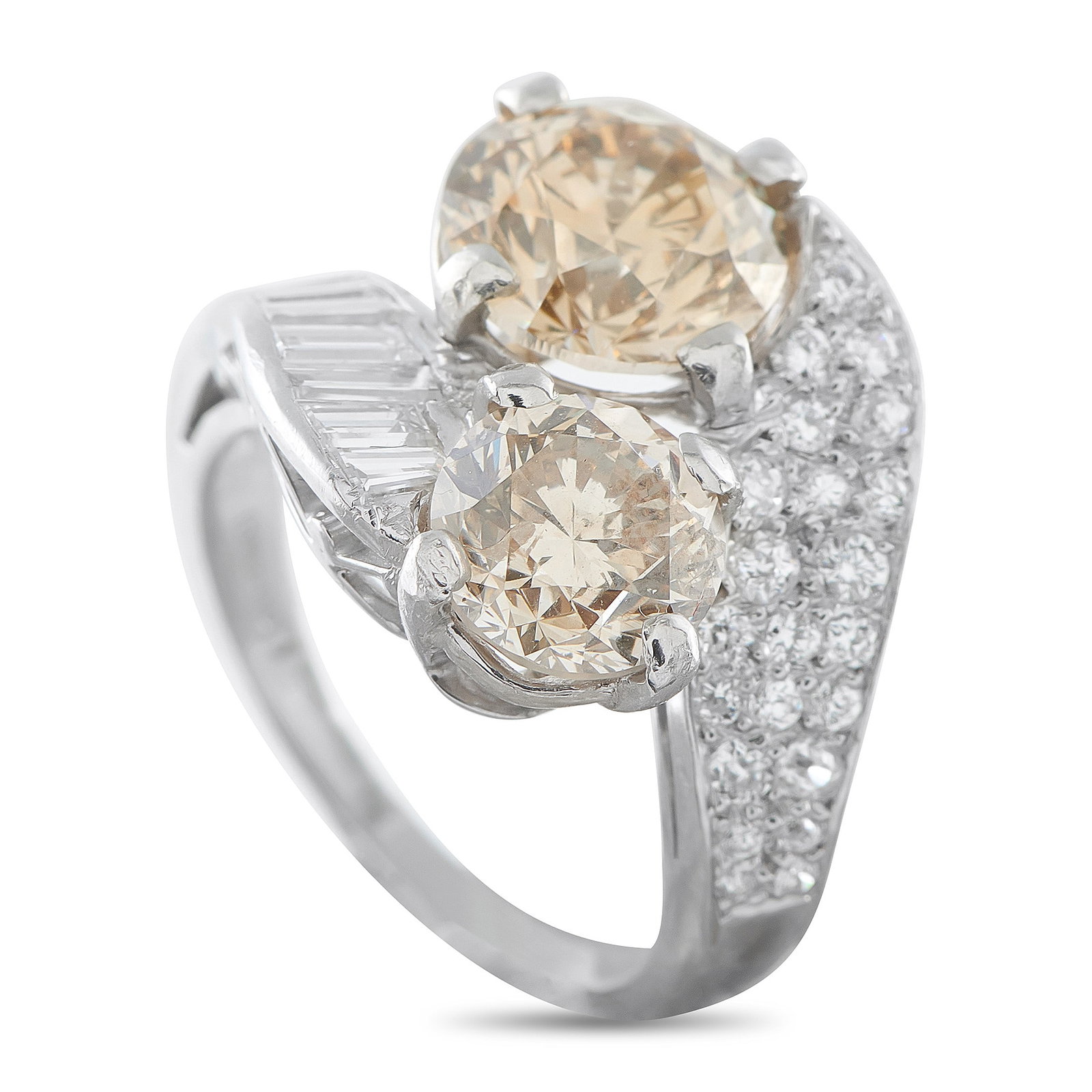 5.55ctw Fancy Brown and White Diamond Platinum Ring: 5.55ctw Fancy Brown and White Diamond Platinum Ring - A sophisticated interpretation of the classic toi et moi design, this exceptional platinum ring celebrates the beauty of two remarkable fancy brow