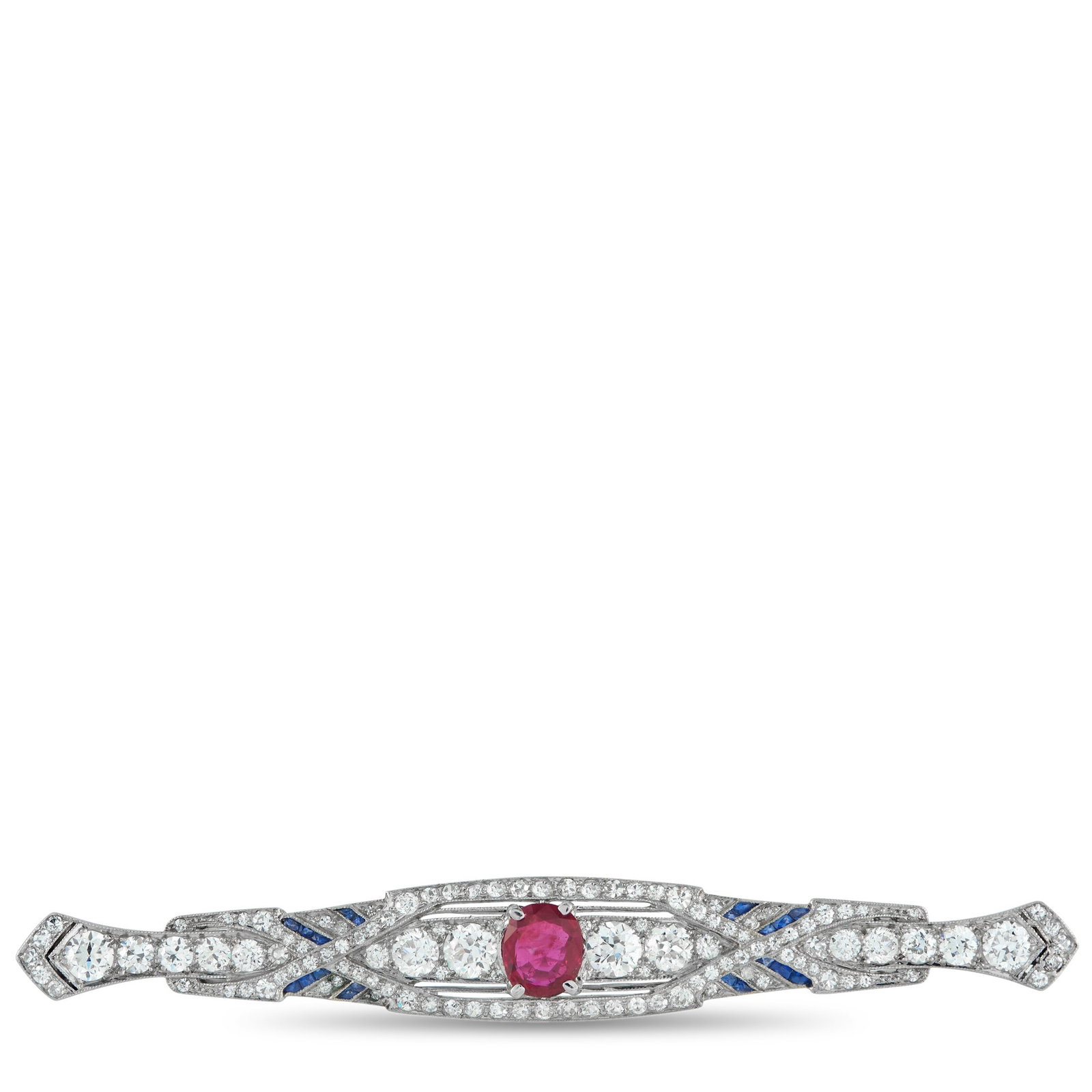 2.80ctw Diamond, 1.10ct No-Heat Burma Ruby and Platinum Brooch: 2.80ctw VS1-SI1/G-H Diamond, 1.10ct No-Heat Burma Ruby and Platinum Vintage Brooch - Graceful geometry and vivid contrast define this refined vintage brooch. Crafted in platinum, the elongated openwor