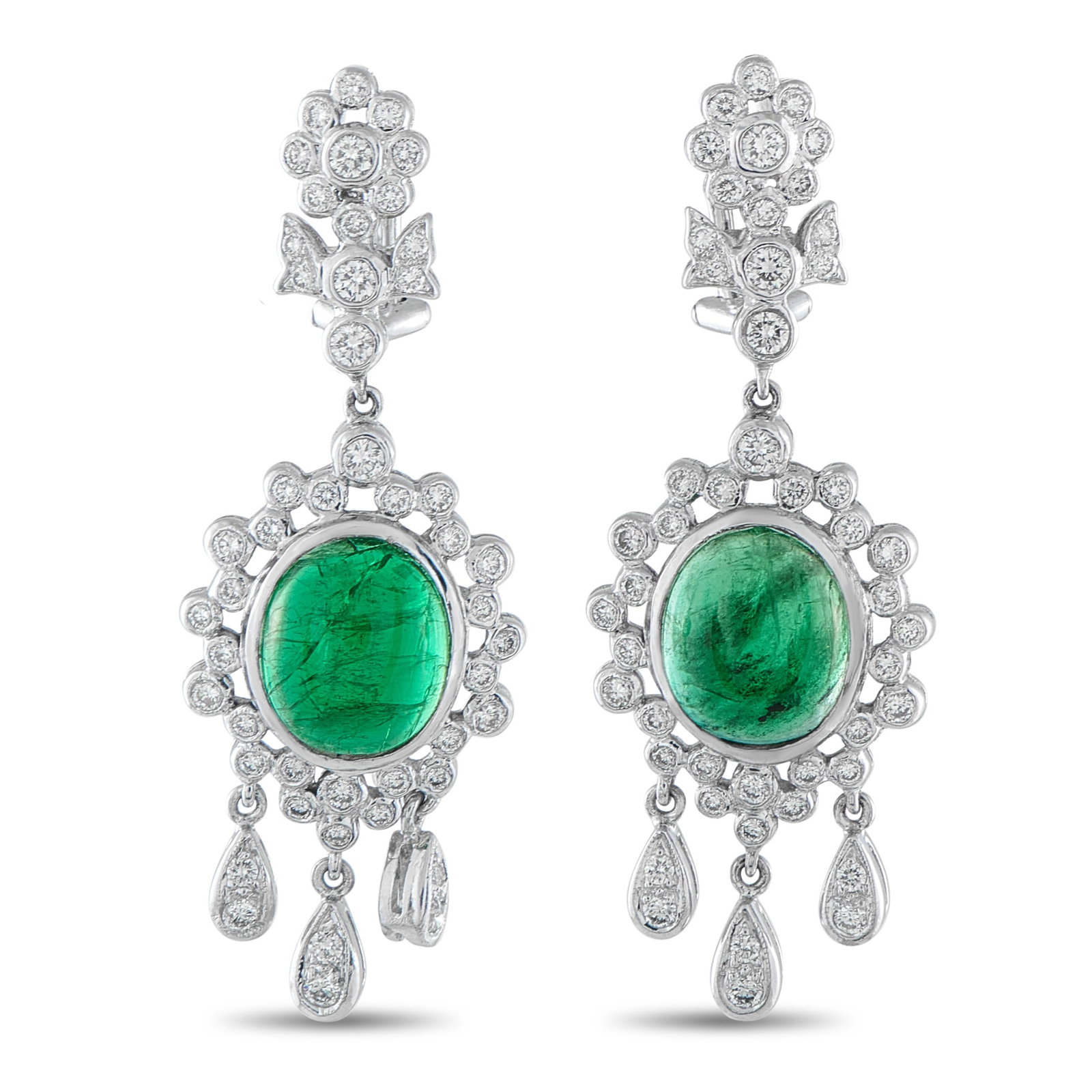 6.50ctw Emerald, 1.10ctw Diamond and 18K Earrings: 6.50ctw Emerald, 1.10ctw VS2-SI1/G-H Diamond and 18K White Gold 1.75" Dangle Earrings - Graceful and intricately detailed, these elegant dangle earrings showcase richly colored emerald cabochons total