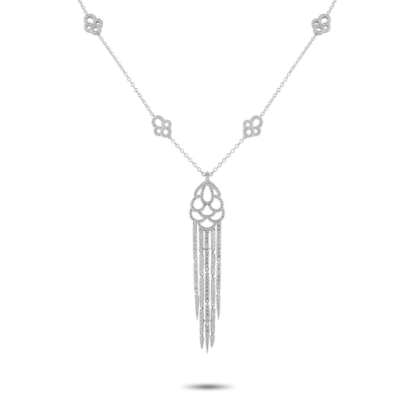 5.85ctw Diamond and 18K White Gold 26" Necklace: 5.85ctw VS2-SI1/G-H Diamond and 18K White Gold 26" Pendant Necklace - Dramatic elegance and refined movement define this breathtaking diamond pendant necklace. Expertly crafted in 18K white gold, the 