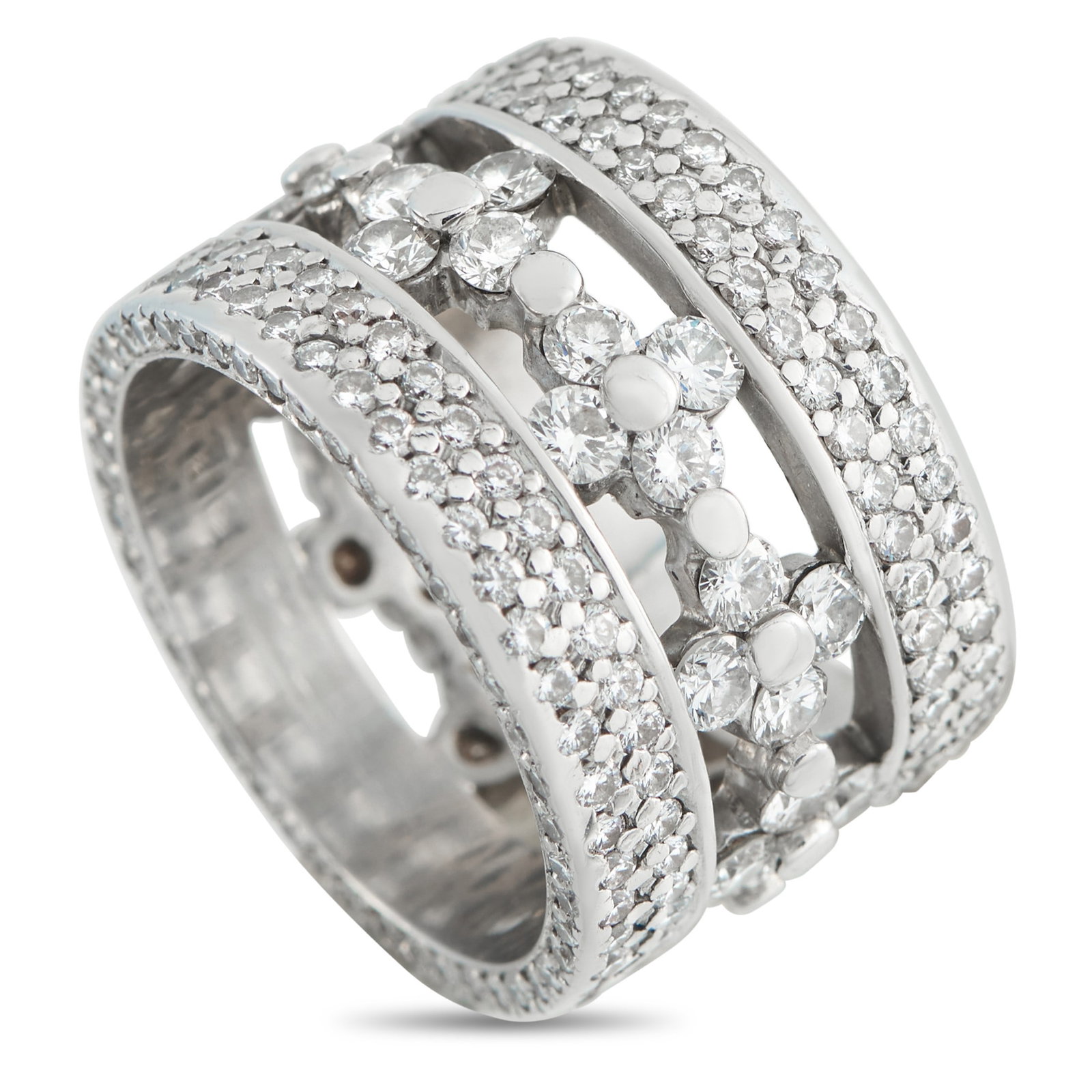 4.30ctw VS2-SI2/G-H Diamond and 18K White Gold Ring: 4.30ctw VS2-SI2/G-H Diamond and 18K White Gold Ring - A striking statement ring distinguished by an openwork design that creates dramatic negative space at the center while showcasing approximately 4.