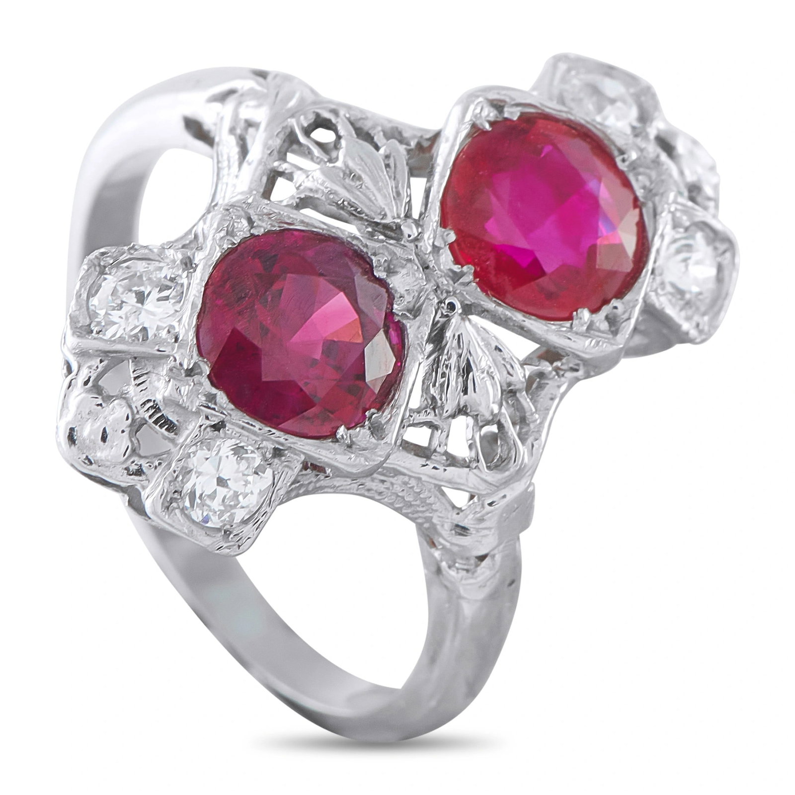 1.85ctw Ruby and Platinum Antique Ring W/Diamonds: 1.85ctw Ruby and Platinum Antique Ring W/Diamond Accents - This antique ring embodies timeless elegance with its intricate platinum setting and beautifully detailed metalwork. Two ruby gemstones total