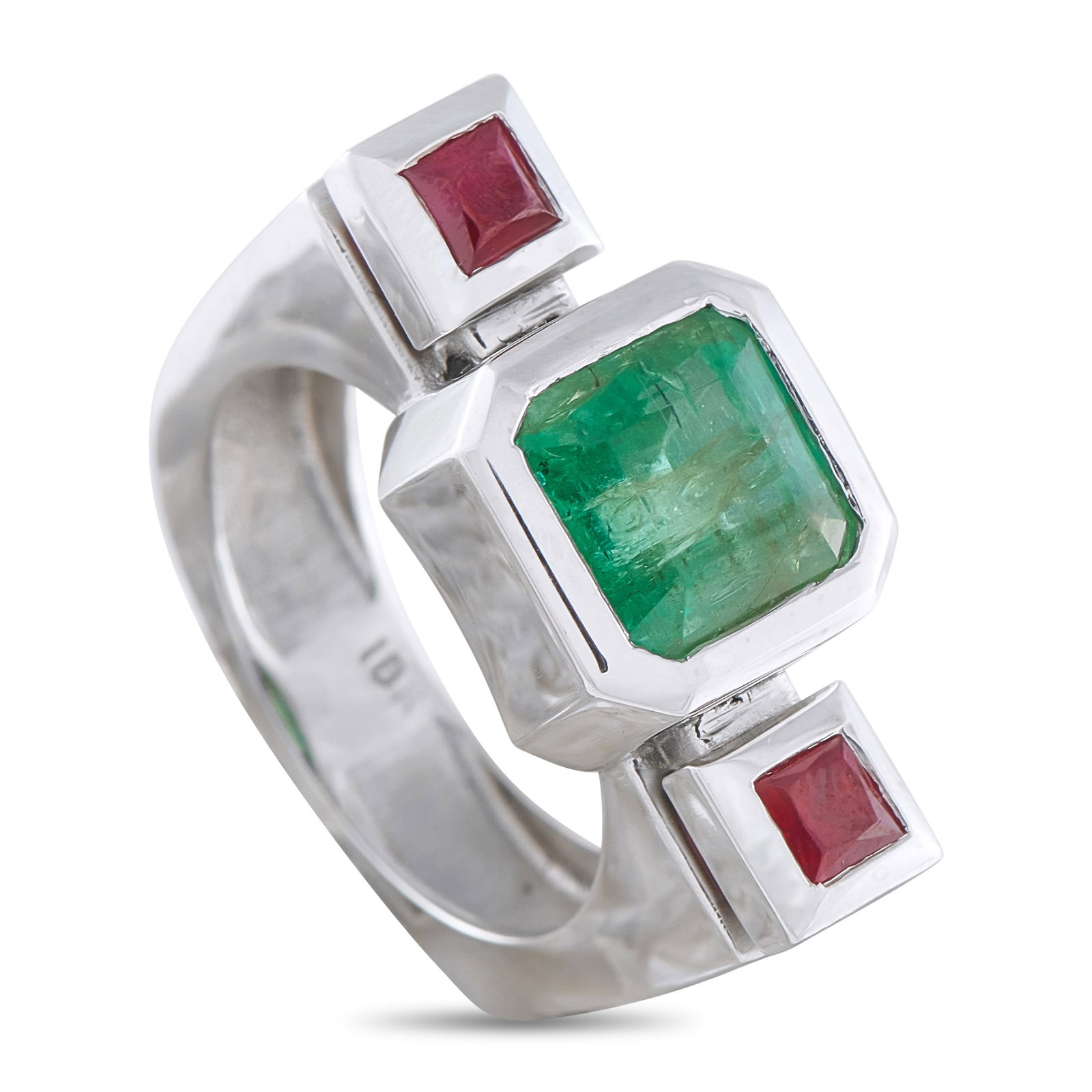 3.00ct Emerald, 0.70ctw Ruby and 18K White Gold Ring: 3.00ct Emerald, 0.70ctw Ruby and 18K White Gold Ring - This sophisticated ring showcases a striking 3.00 carat emerald at the center, framed by ruby gemstones totaling approximately 0.70 carats. The