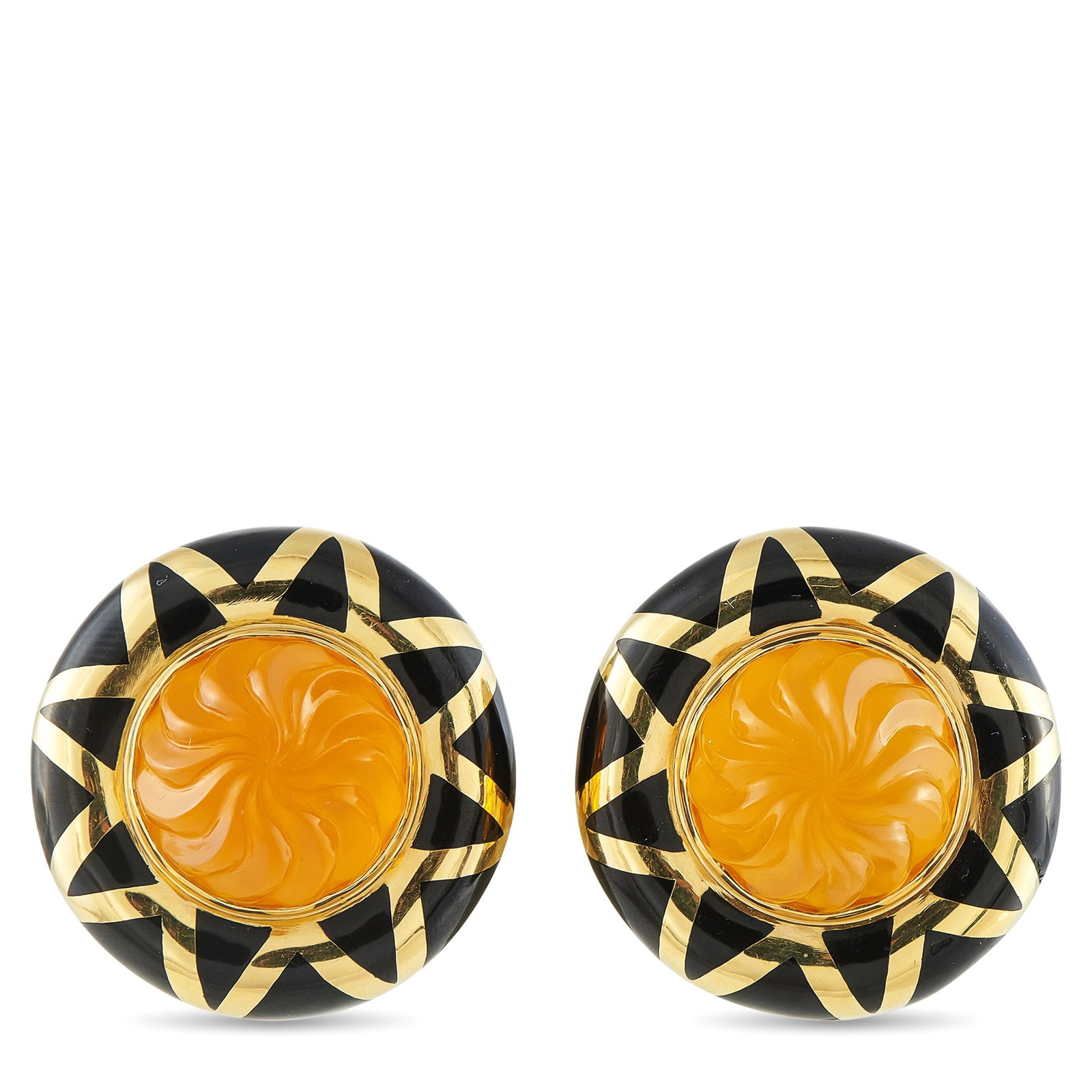 Elizabeth Gage 18K Gold, Citrine and Enamel Earrings: Elizabeth Gage 18K Yellow Gold, Carved Citrine and Enamel Earrings - These distinctive earrings by Elizabeth Gage showcase the designer's signature blend of bold color, sculptural form, and refined