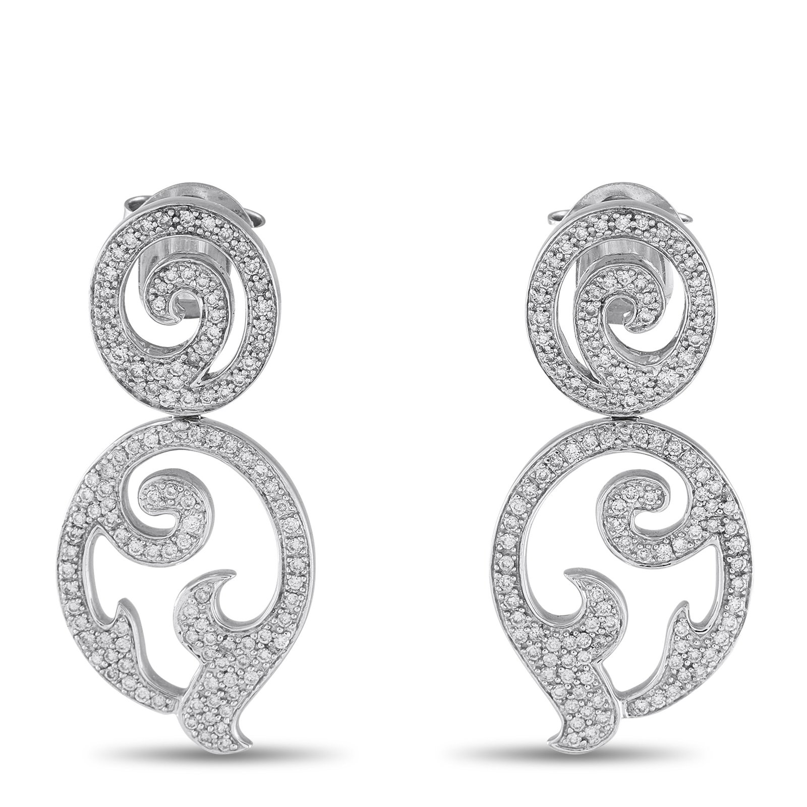Tous 1.75ctw Diamond and 18K White Gold Earrings: Tous 1.75ctw Diamond and 18K White Gold Earrings - These intricate Tous earrings are crafted from 18K white gold, featuring an openwork design that beautifully catches the light. Diamonds totaling 1.7