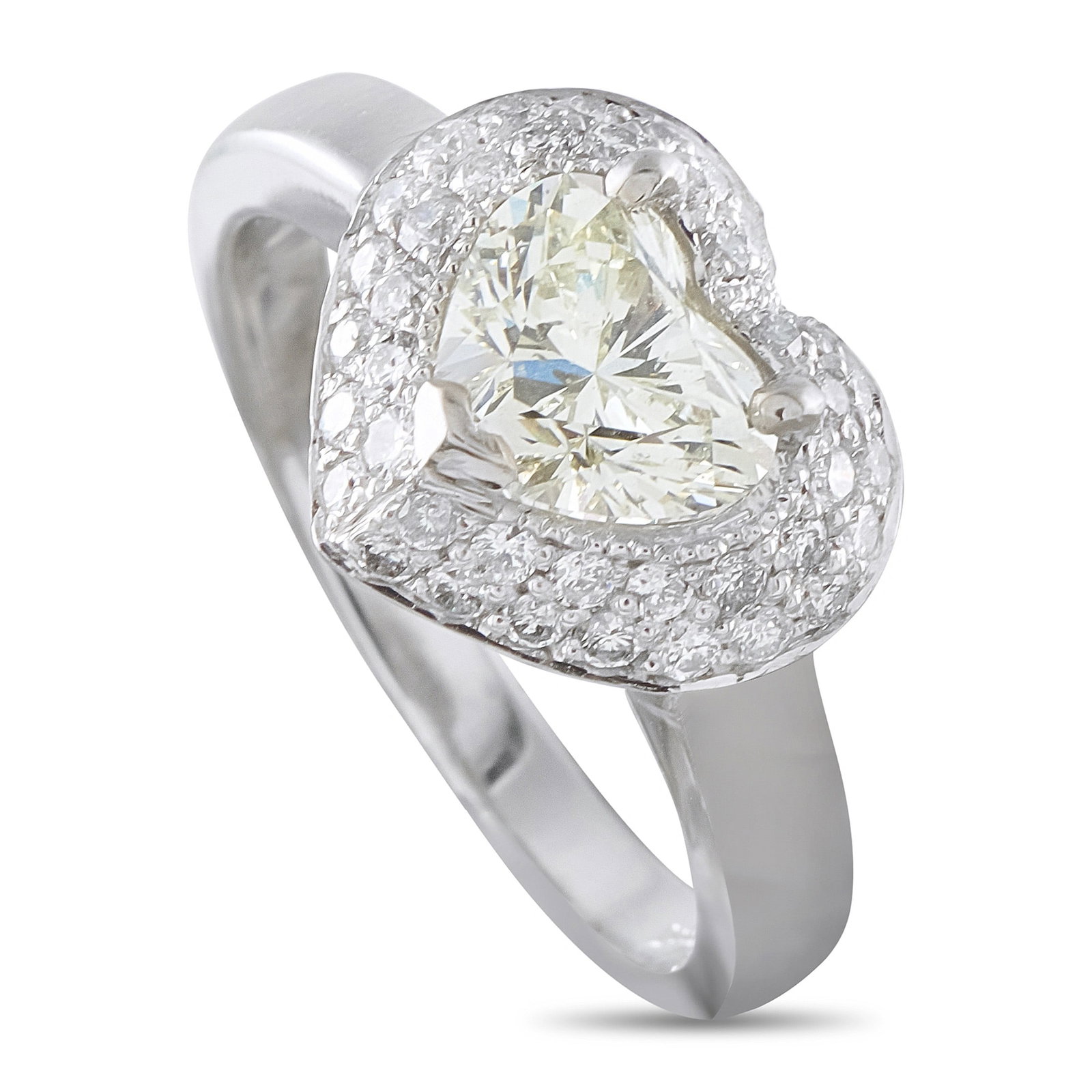 1.56ctw SI1-SI2/H-K Diamond and 14K White Gold Ring: 1.56ctw SI1-SI2/H-K Diamond and 14K White Gold Ring - This elegant ring centers on a 1.31 carat heart-shaped diamond, its romantic silhouette framed by a delicate pave halo of round brilliant diamonds