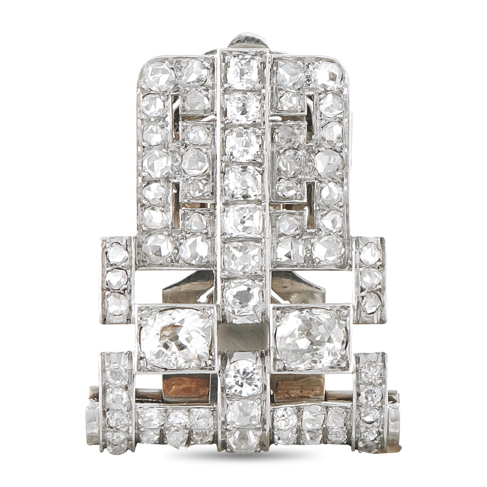 4.75ctw Diamond and Platinum/18K Antique Brooch: 4.75ctw VS2-I1/H-J Diamond and Platinum/18K White Gold Antique Brooch - This exquisite French antique clip-style brooch showcases sophisticated Art Deco design, combining architectural elegance with a