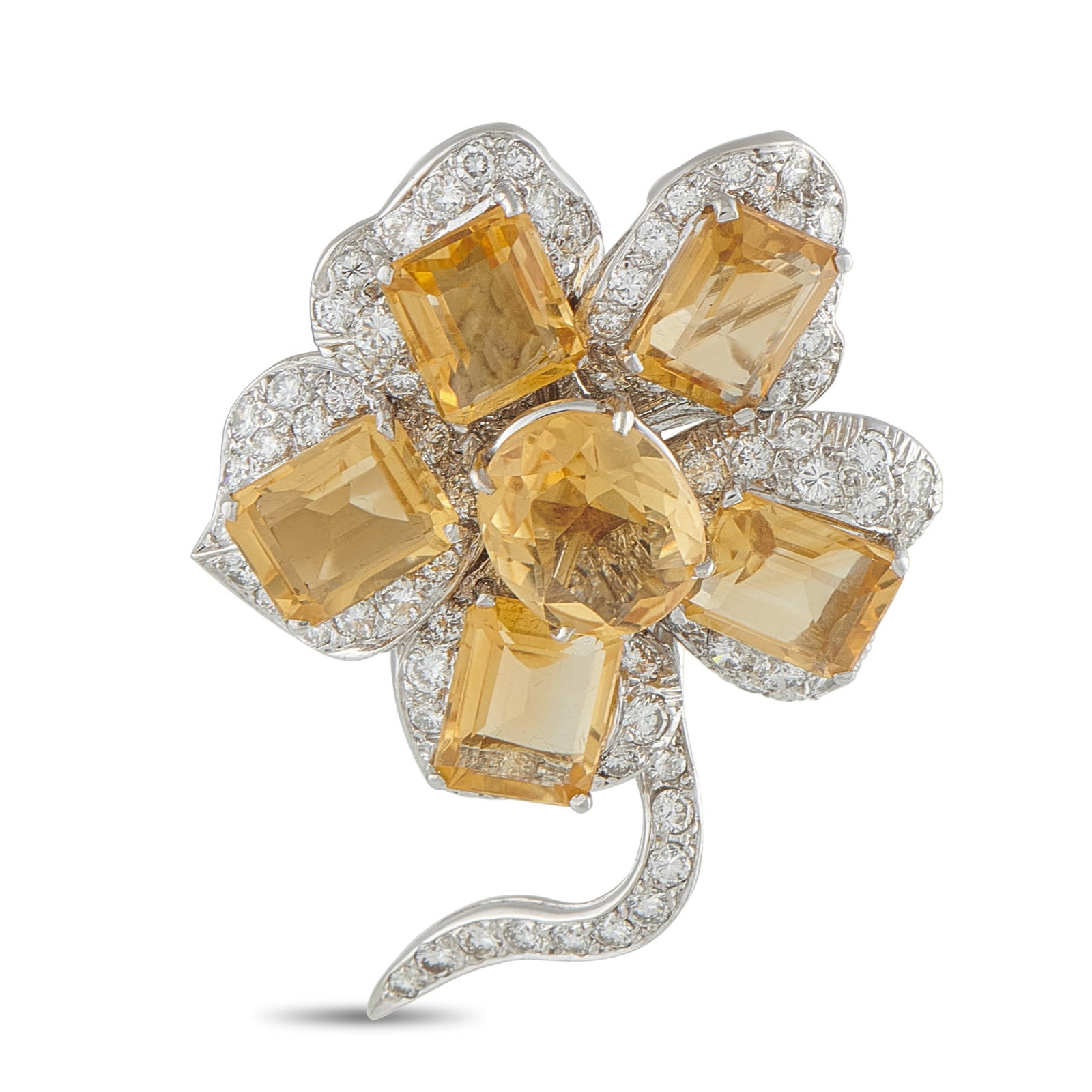 2.00ctw Diamond, Citrine and 14K White Gold Brooch: 2.00ctw SI1-SI2/H-J Diamond, Citrine and 14K White Gold Flower Brooch - This striking floral brooch showcases vivid citrine gemstones at the center, surrounded by an impressive display of diamonds tot