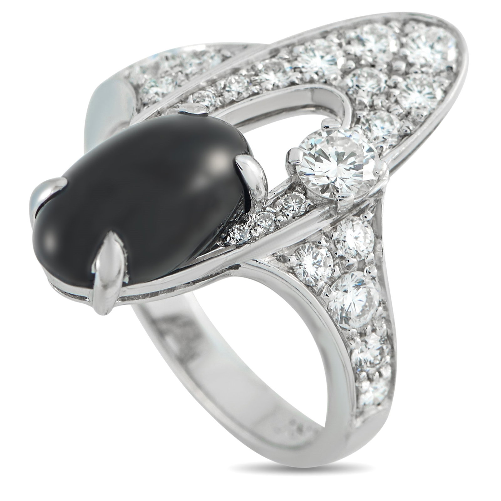 Bvlgari Elysia 0.65ctw Diamond, Onyx and 18K Ring: Bvlgari Elysia 0.65ctw Diamond, Onyx and 18K White Gold Ring - A sophisticated expression of modern Italian design, this Bvlgari Elysia ring balances bold contrast with refined elegance. Expertly craf