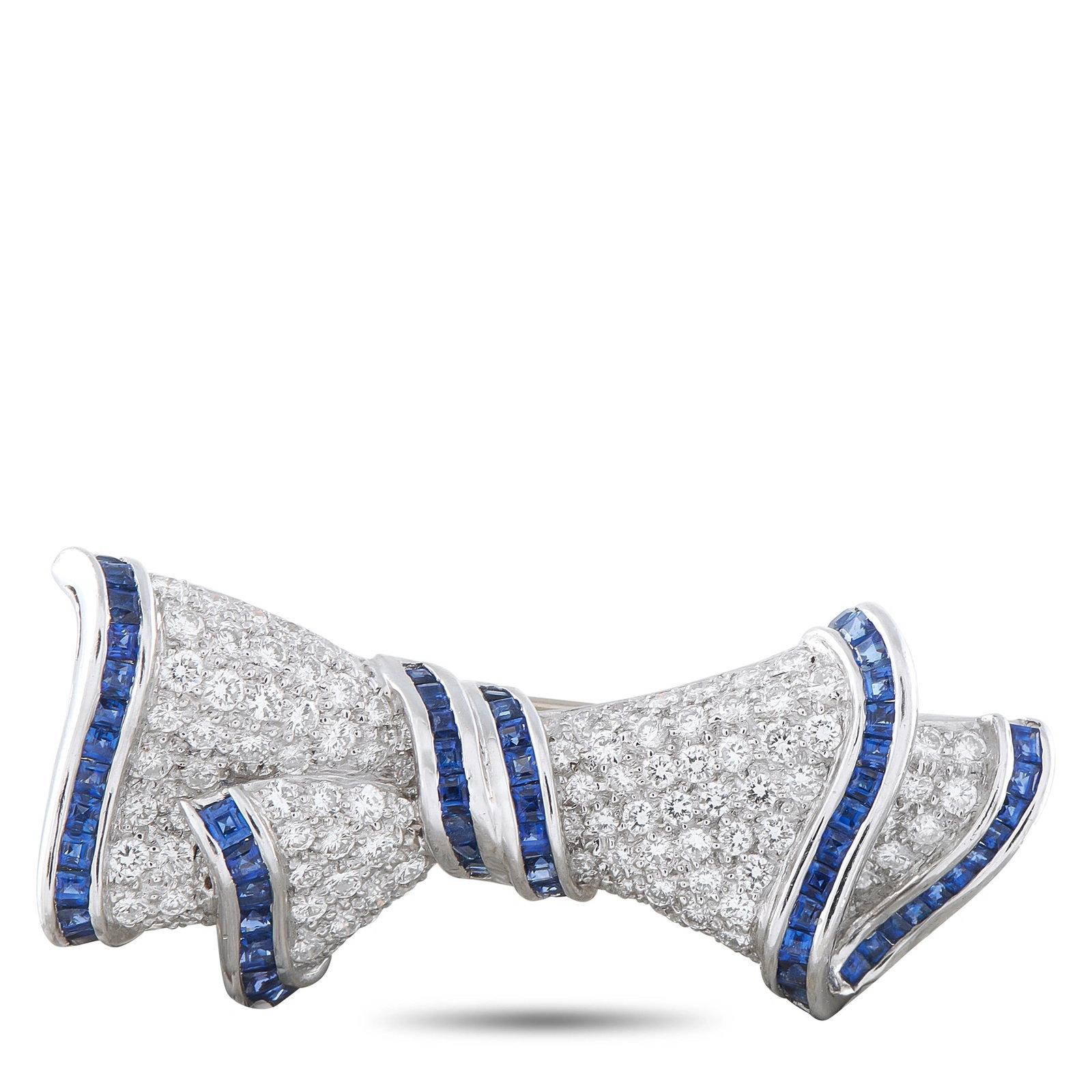 2.40ctw Diamond, 1.50ctw Sapphire, Platinum/18K Brooch: 2.40ctw VS1-VS2/G-H Diamond, 1.50ctw Blue Sapphire and Platinum/18K Yellow Gold Brooch - This exceptional bow-form brooch showcases an elegant combination of platinum and 18K yellow gold, brought to l