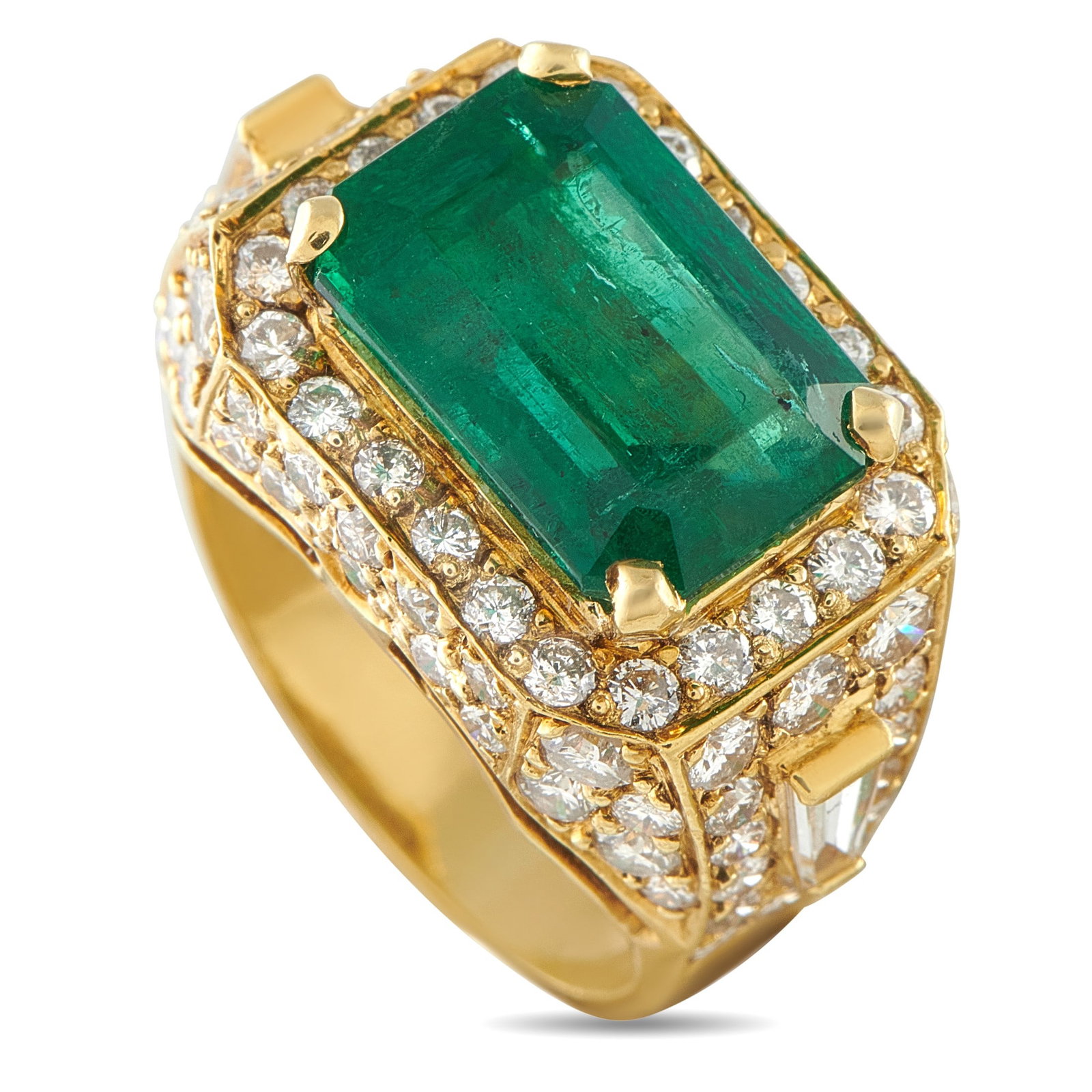 5.87ct Emerald, 2.95ctw Diamond and 18K Yellow Gold Ring: 5.87ct Zambian Emerald, 2.95ctw VVS2-SI2/E-F Diamond and 18K Yellow Gold Ring W/Gemstone Report and $54,500 Appraisal - A magnificent 5.87 carat emerald commands attention at the center of this except