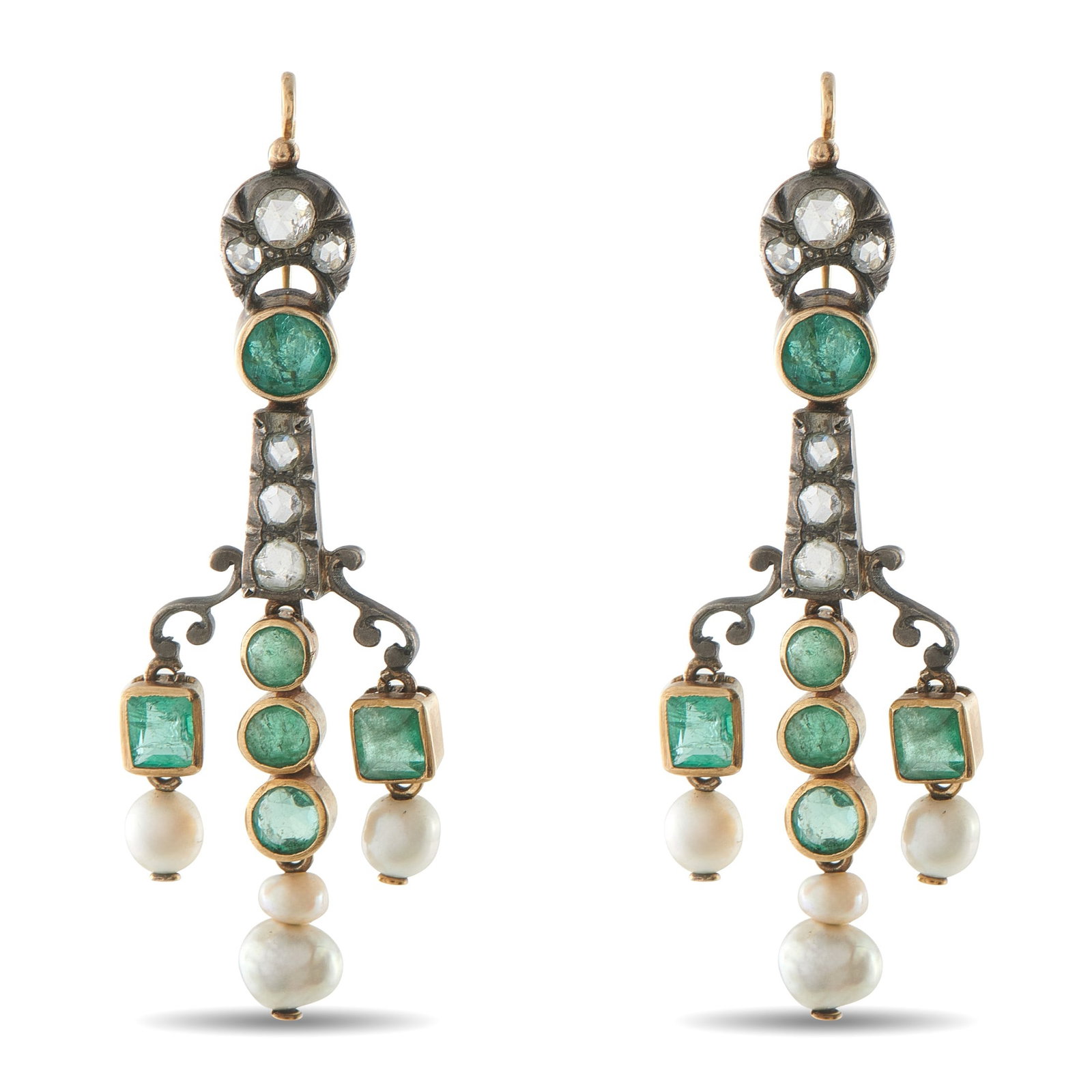 Antique 14K/Silver, Emerald, Diamond and Pearl Earrings: Antique 14K Rose Gold/Silver, Emerald, 0.70ctw Diamond and Pearl 2.25" Earrings - Graceful and richly detailed, these antique earrings embody the timeless elegance and craftsmanship of a bygone era. E