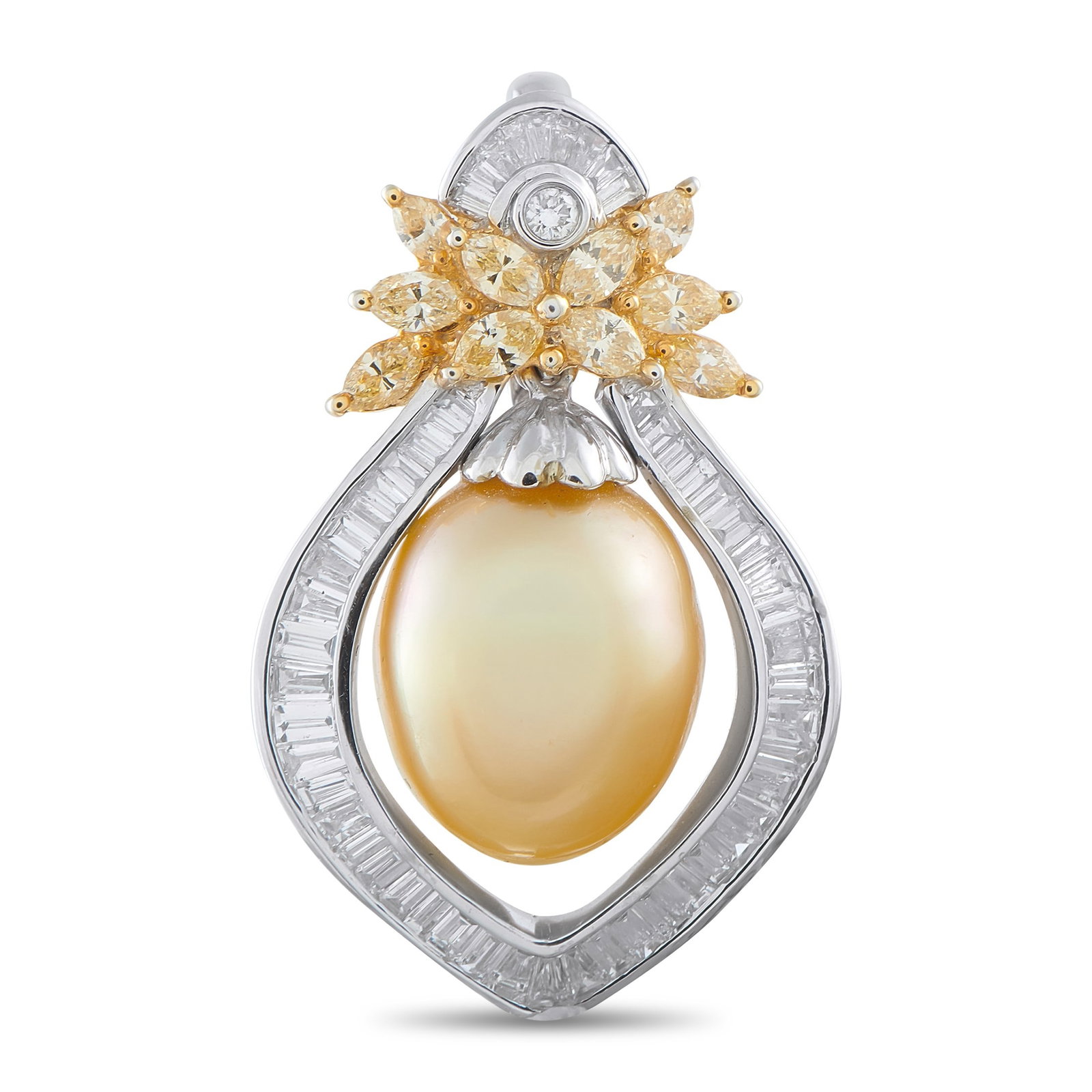 15.5mm Pearl, 3.00ctw Diamond and 18K 1.50" Pendant: 15.5mm Golden Baroque Pearl, 3.00ctw VS2-SI2/G-H Diamond and 18K White/Yellow Gold 1.50" Pendant - This exceptional pendant showcases a luminous golden baroque pearl measuring approximately 13mm x