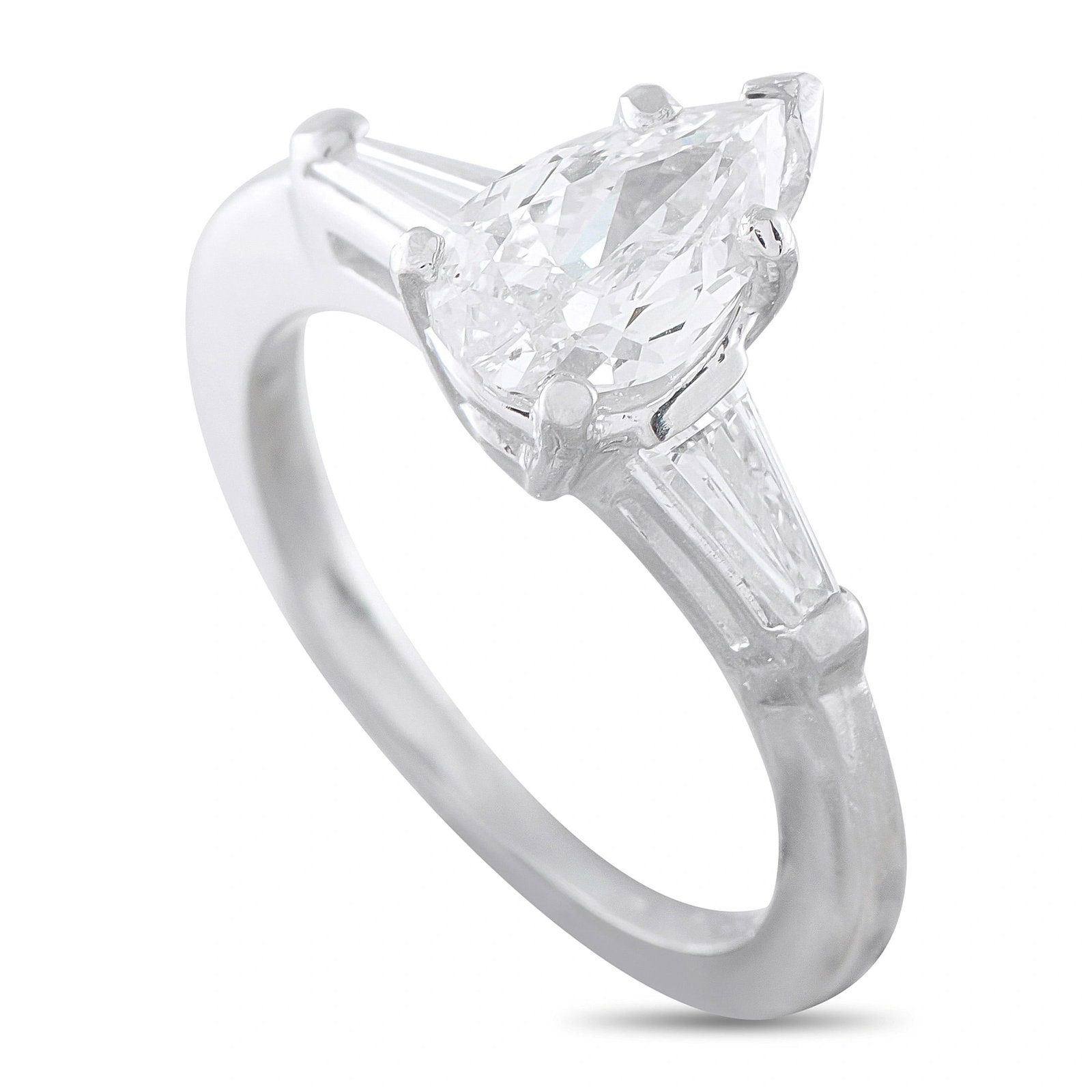 1.15ctw Diamond and Platinum Ring: 1.15ctw VS2-SI1/G-H Diamond and Platinum Ring - This elegant platinum ring centers on an approximately 0.95 carat pear-shaped diamond, complemented by tapered baguette diamonds totaling approximately