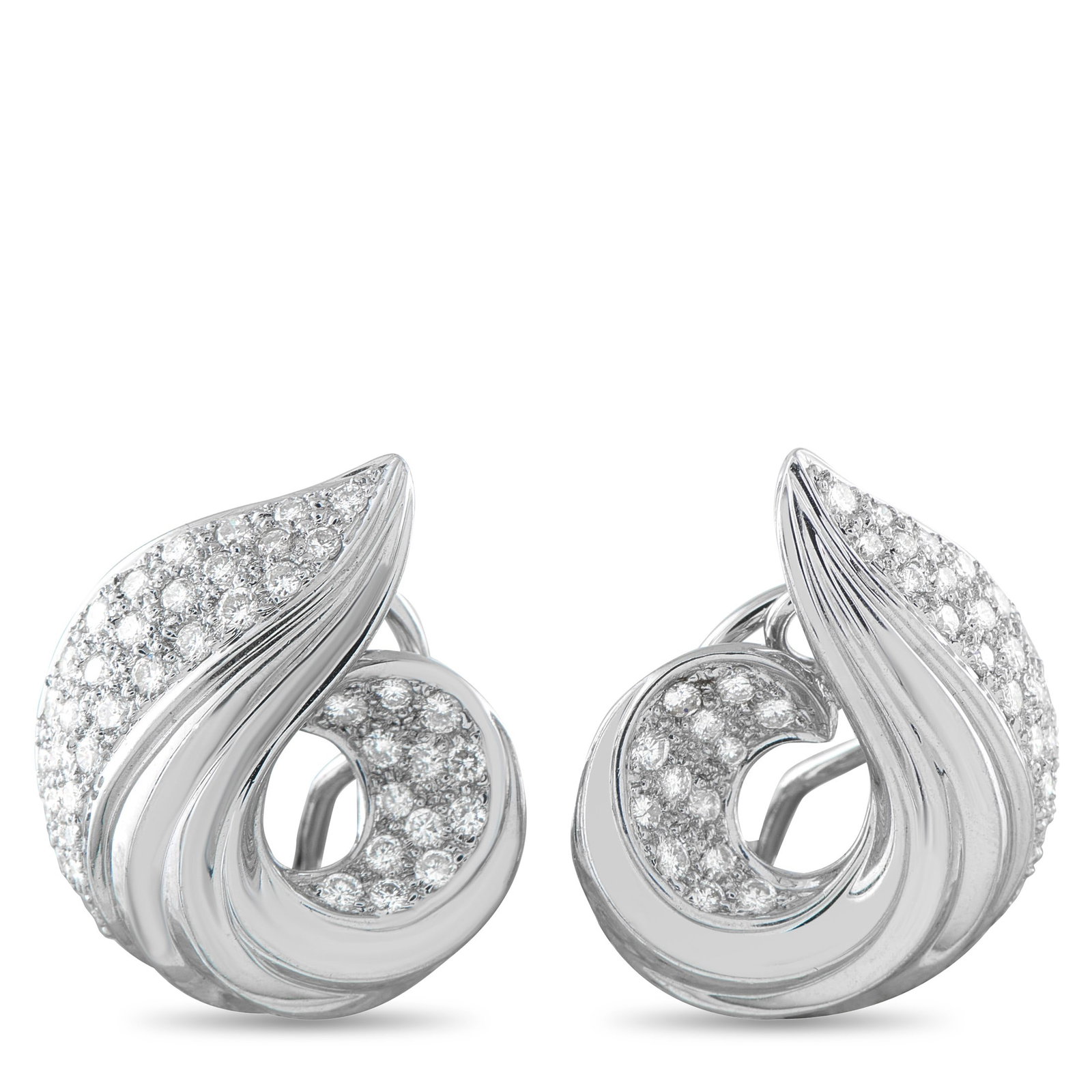 1.70ctw Diamond and 18K Swirled Shell Ear Clips: 1.70ctw VS2-SI1/G-H Diamond and 18K White Gold Swirled Shell Ear Clips - With clear retro influence, these 18K white gold ear clips are sculpted in a bold swirling shell form that emphasizes movement 