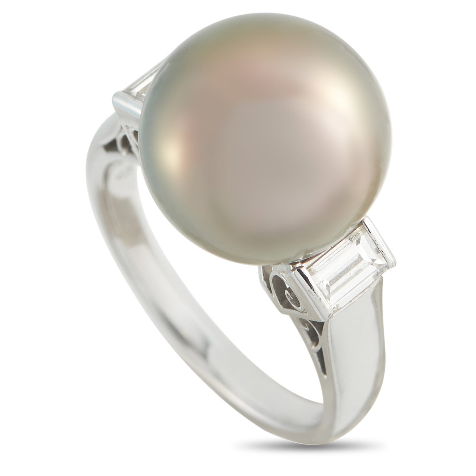 Mikimoto 12.2mm Pearl, Diamond and Platinum Ring: Mikimoto 12.2mm Tahitian Pearl, 0.30ctw Diamond and Platinum Ring - This sophisticated Mikimoto ring centers on an impressive 12.2mm Tahitian pearl, showcasing the distinctive dark, luminous