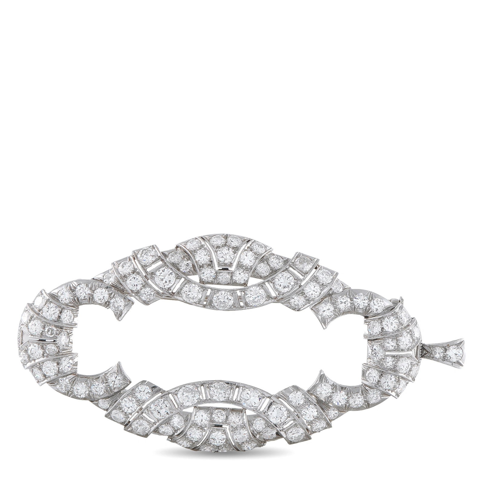 5.00ctw VS2-SI1/G-H Diamond and 18K White Gold Brooch: 5.00ctw VS2-SI1/G-H Diamond and 18K White Gold Antique Plaque Brooch - This exceptional antique plaque brooch showcases approximately 5.00 carats total weight of VS2-SI1, G-H diamonds, meticulously pa