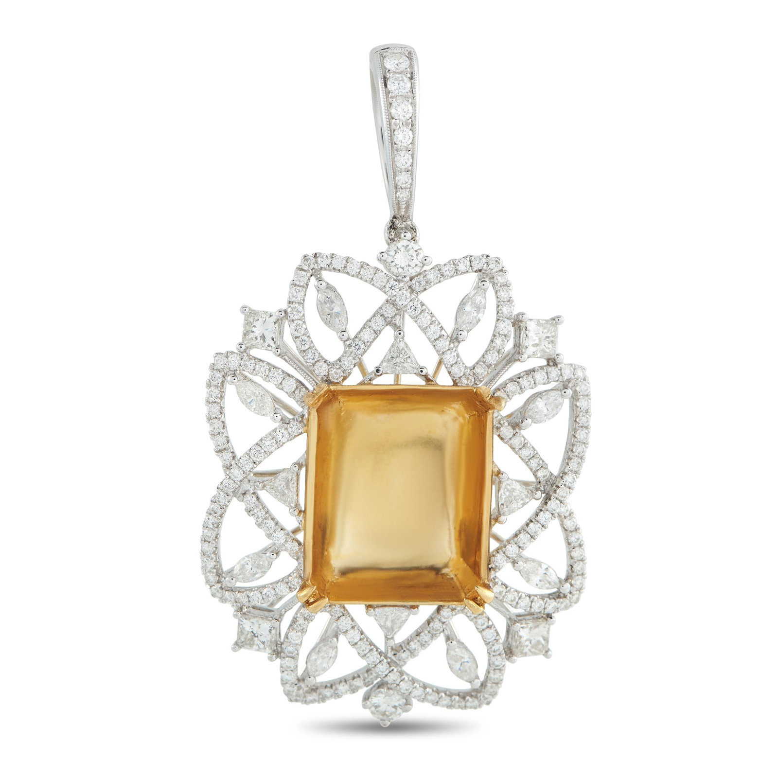 6.40ctw Diamond and 18K Gold 2.60" Mounting Pendant: 6.40ctw VS2-SI1/G-I Diamond and 18K White/Yellow Gold 2.60" Mounting Pendant - This exceptional pendant mounting showcases an intricate openwork design in 18K white gold, illuminated by approximately 