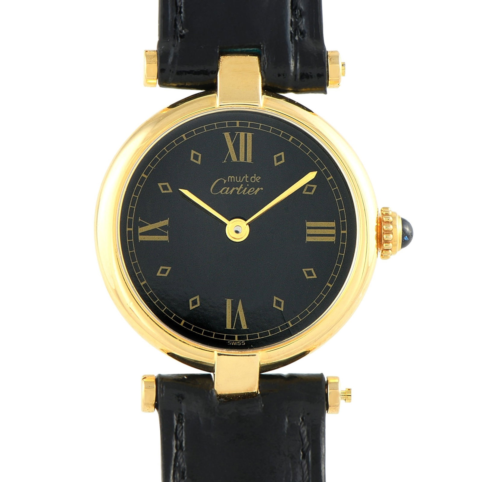 Cartier Must de Cartier Vendome Black Dial Watch: Cartier Must de Cartier Vendome Black Dial Vermeil Quartz Watch (590004) - Elegant and understated, this Cartier Must de Cartier Vendome reference 590004 features a 24mm gold-plated sterling silver ca