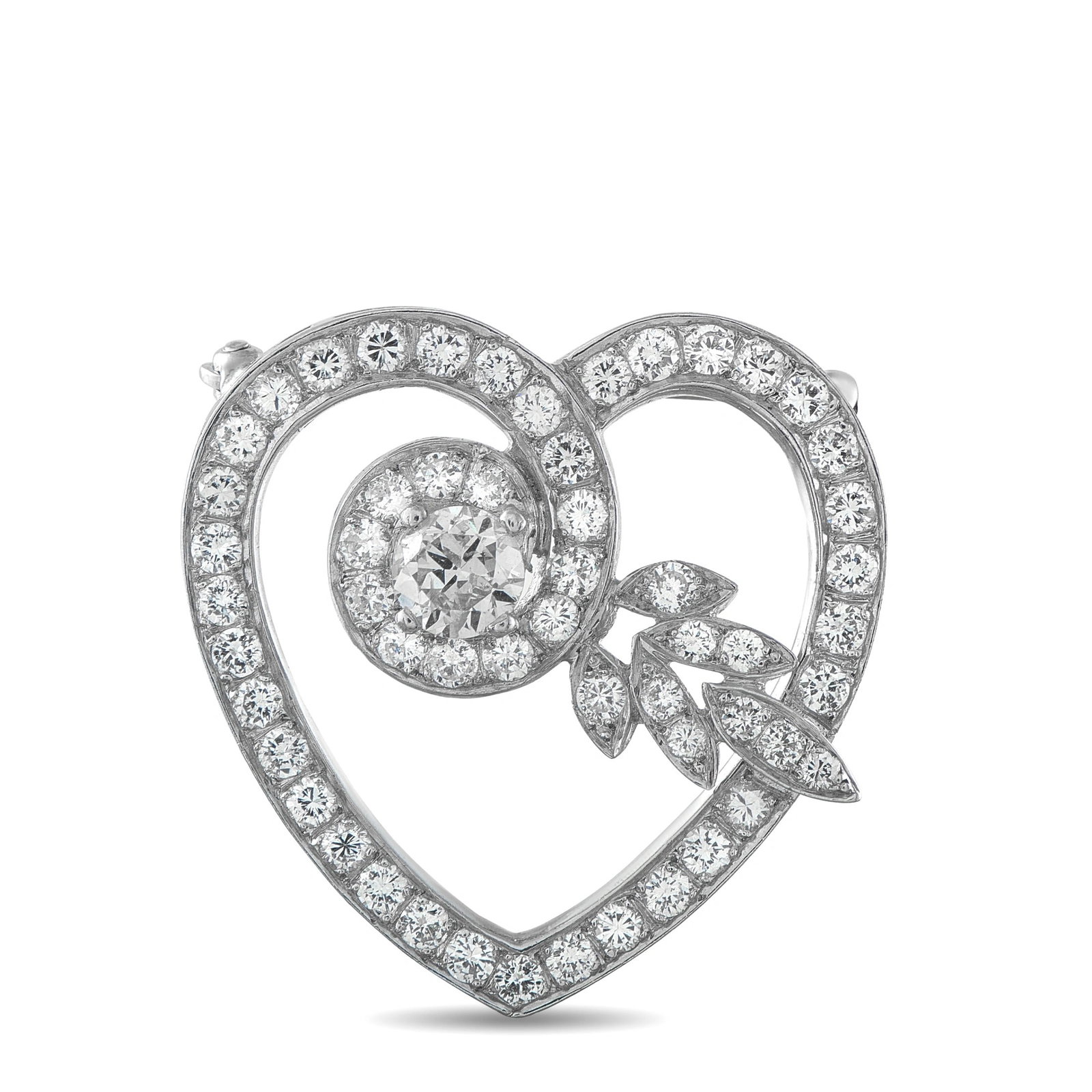 3.50ctw Diamond and Platinum 1.25" Heart Brooch: 3.50ctw VS2-SI1/G-H Diamond and Platinum 1.25" Heart Brooch - This exquisite platinum brooch presents a romantic open-heart motif illuminated by approximately 3.50 carats of sparkling round brilliant 