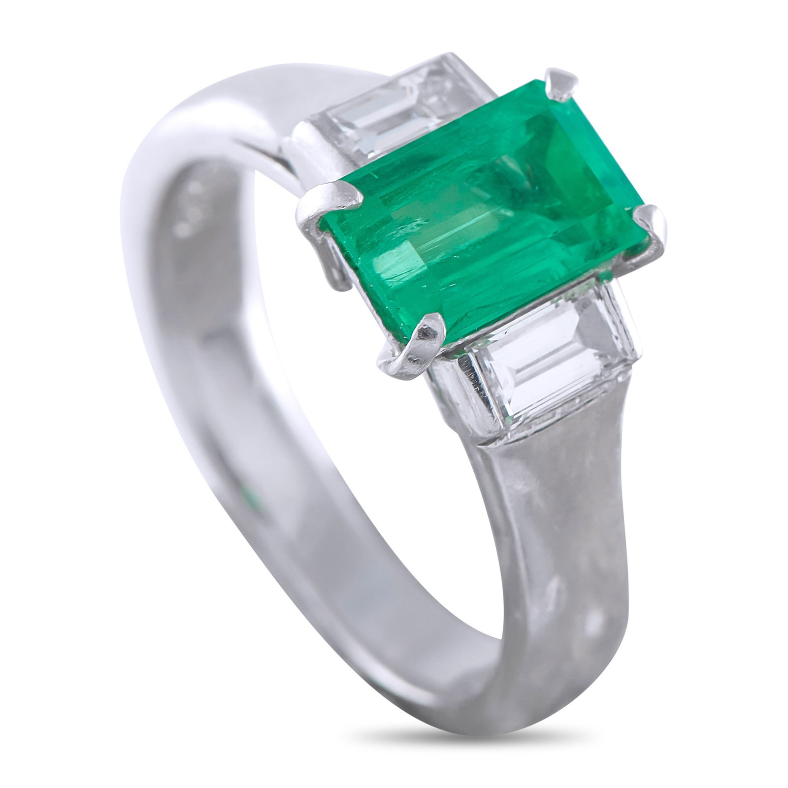 1.45ct Emerald, 0.45ctw Diamond and Platinum Ring: 1.45ct Emerald, 0.45ctw Diamond and Platinum Ring - This elegant ring centers on a vibrant 1.45 carat emerald, offering a rich pop of color within a refined platinum setting. Sparkling diamonds totali