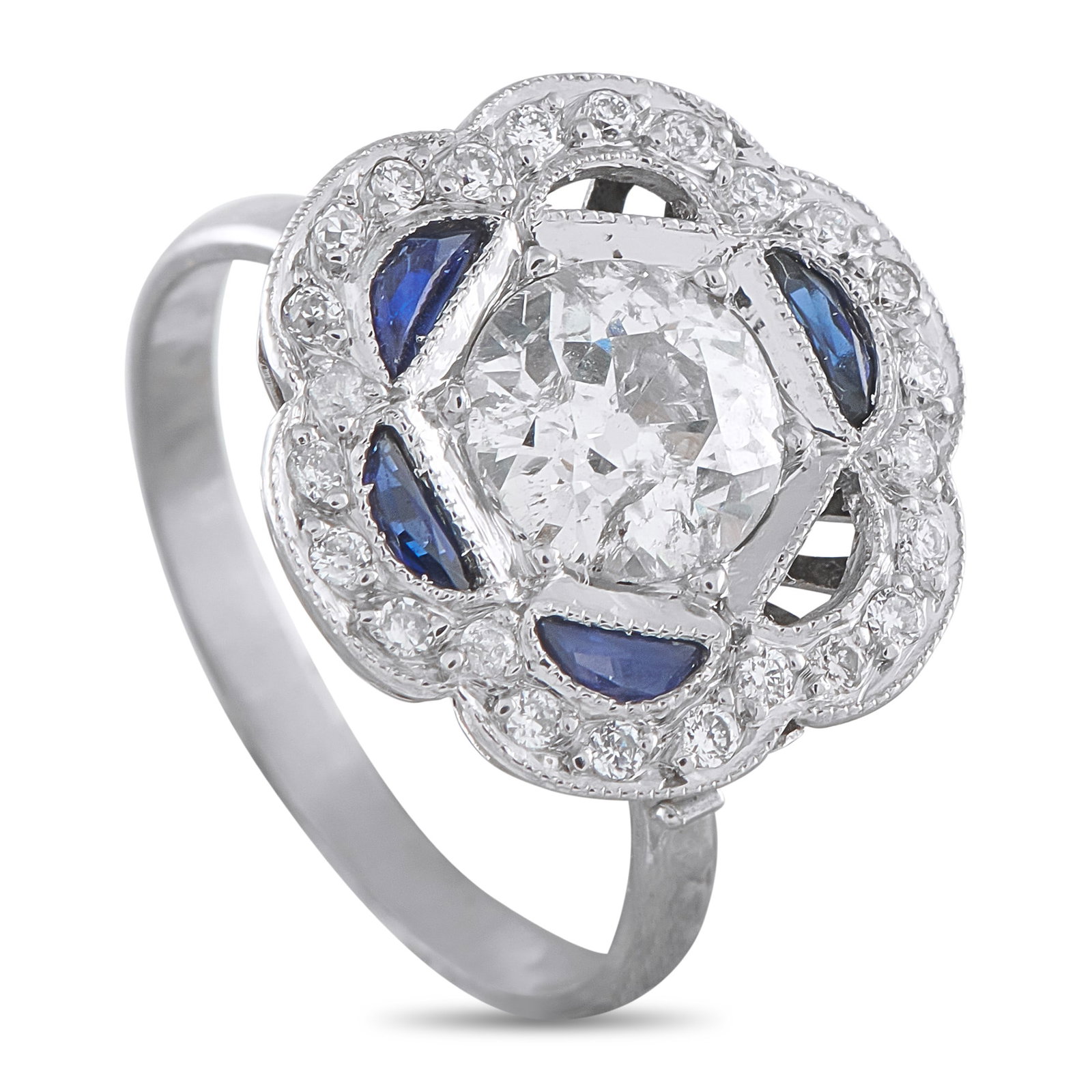 1.40ctw Diamond, Blue Sapphire and Platinum Ring: 1.40ctw VS2-SI1/G-H Diamond, Blue Sapphire and Platinum Ring - This elegant and feminine ring showcases a refined floral design, enhanced by softly scalloped edges that add charm and delicacy to the o