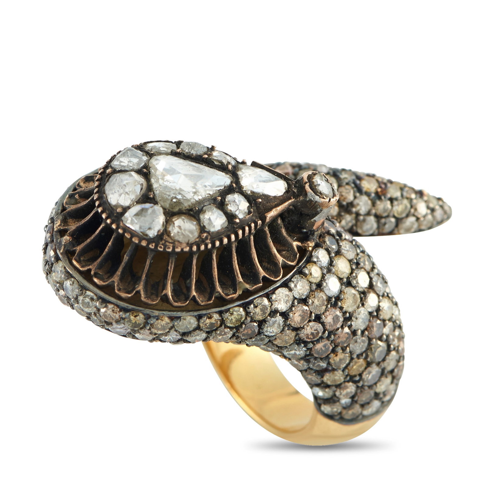 4.00ctw Diamond and 18K Yellow Gold/Silver Vintage Ring: 4.00ctw Diamond and 18K Yellow Gold/Silver Vintage Ring - This extraordinary vintage ring showcases a dramatic sculptural design adorned with approximately 4.00 carats of diamonds. Crafted in a striki