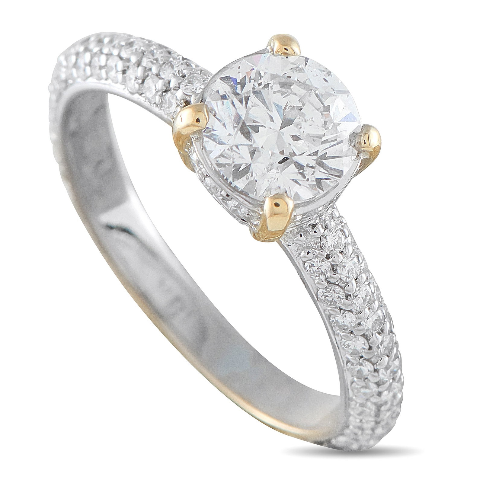 1.80ctw Diamond and 18K White Gold Ring: 1.80ctw SI1-SI2/G-H Diamond and 18K White Gold Ring - This refined ring showcases a 1.20 carat diamond center stone, secured in contrasting yellow gold prongs that provide a subtle touch of warmth aga