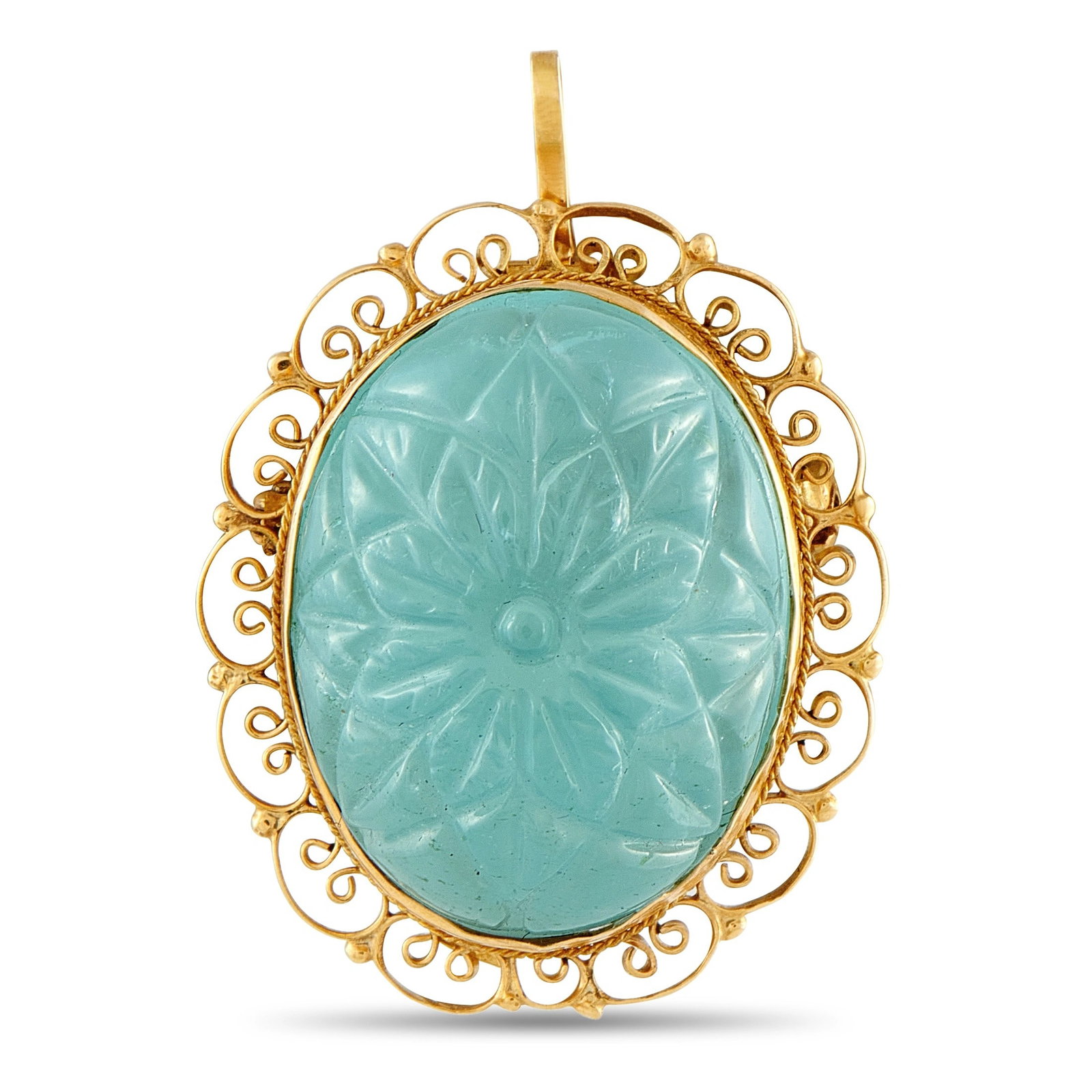 25.00ct Aquamarine and 18K Yellow Gold 1.45" Pendant: 25.00ct Carved Aquamarine and 18K Yellow Gold 1.45" Pendant - This exceptional pendant showcases a substantial 25.00 carat oval carved aquamarine, its pale blue-green surface intricately engraved with