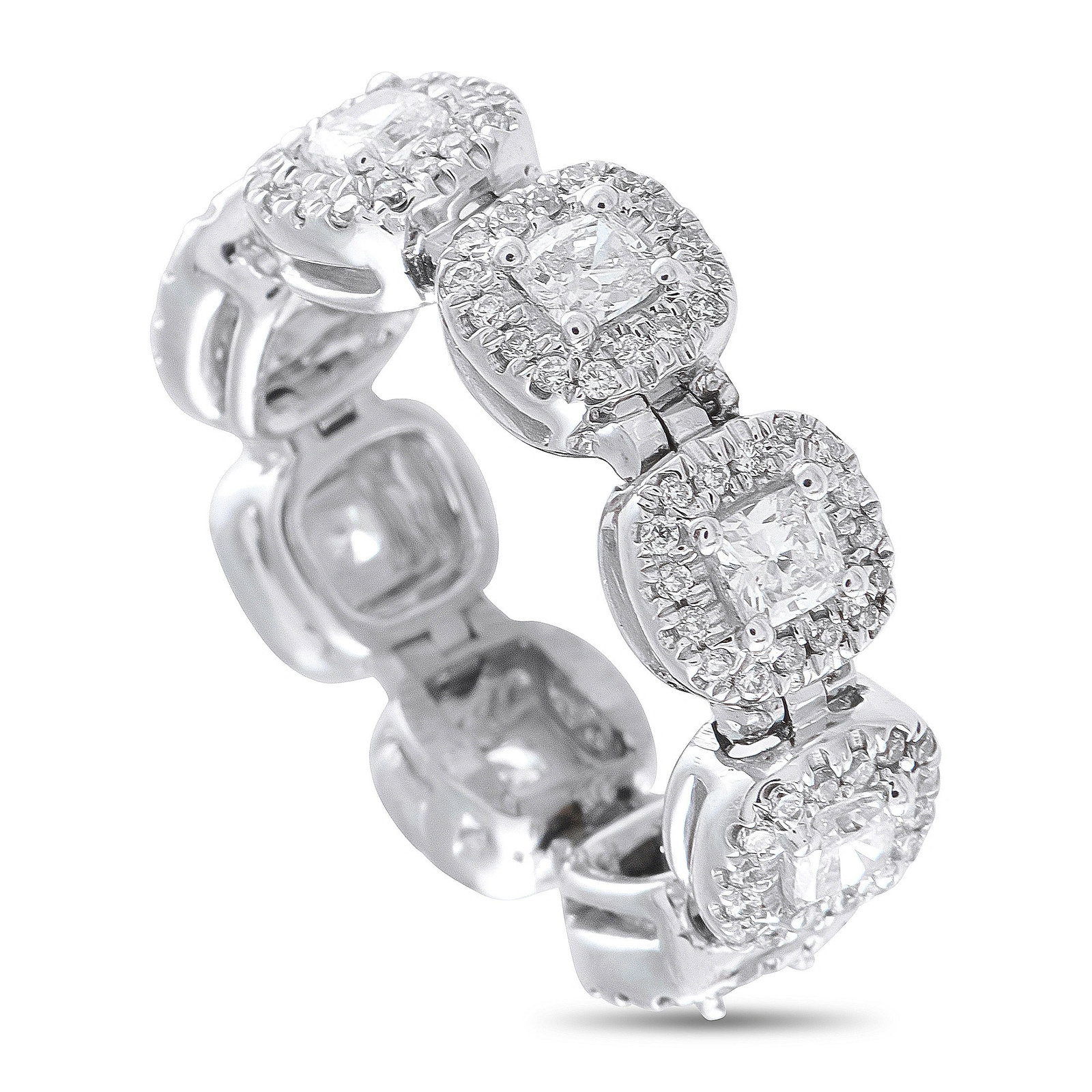 2.20ctw Diamond and 18K White Gold Band Ring: 2.20ctw SI1-SI2/G-H Diamond and 18K White Gold Band Ring - This elegant 18K white gold band showcases a sophisticated series of cushion-cut diamonds, each individually framed by a halo of round brilli