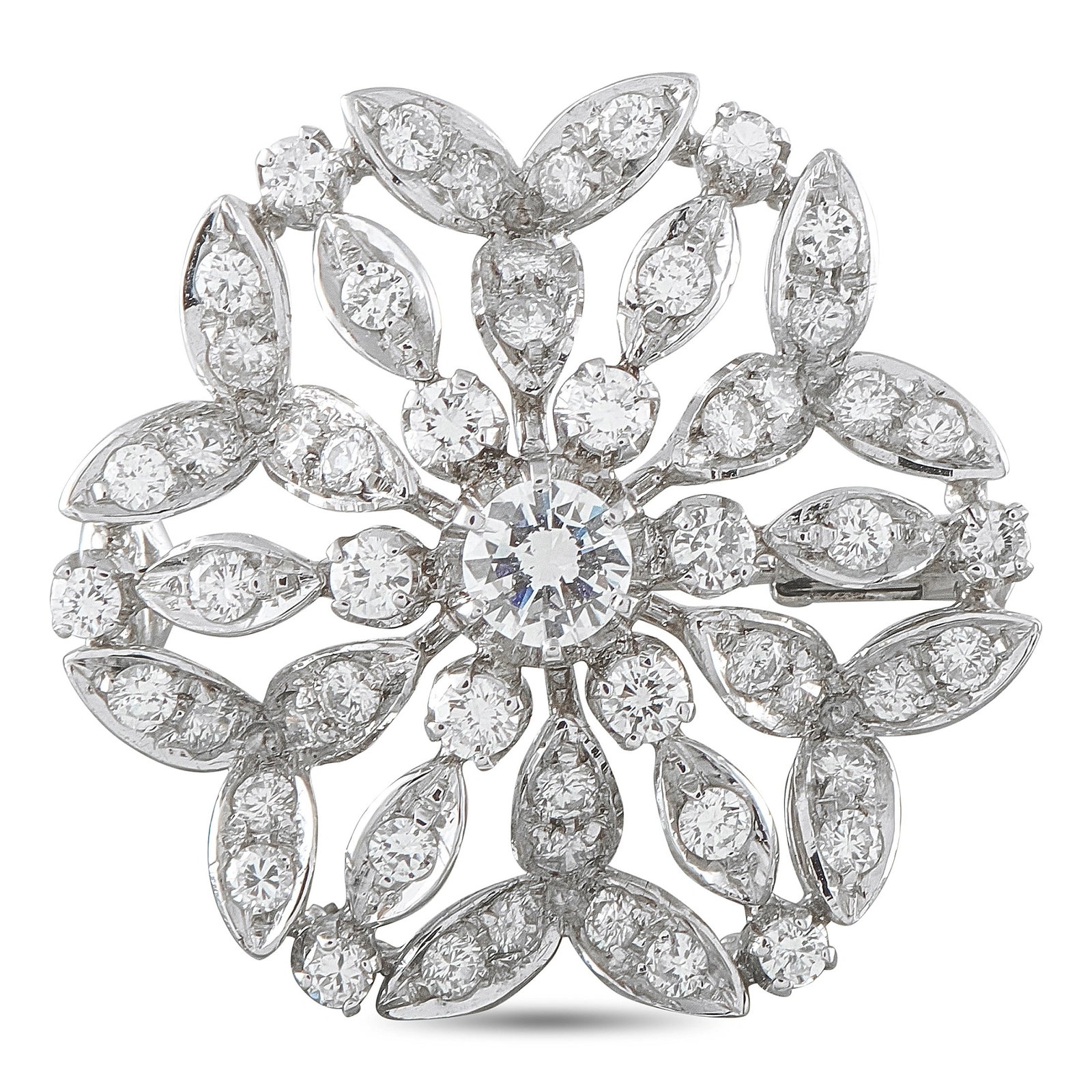 1.50ctw Diamond and 18K White Gold 1" Brooch/Pendant: 1.50ctw VS2-SI1/G-H Diamond and 18K White Gold 1" Brooch/Pendant - This elegant convertible jewel showcases an open flower-inspired starburst design crafted in 18K white gold and illuminated by approx