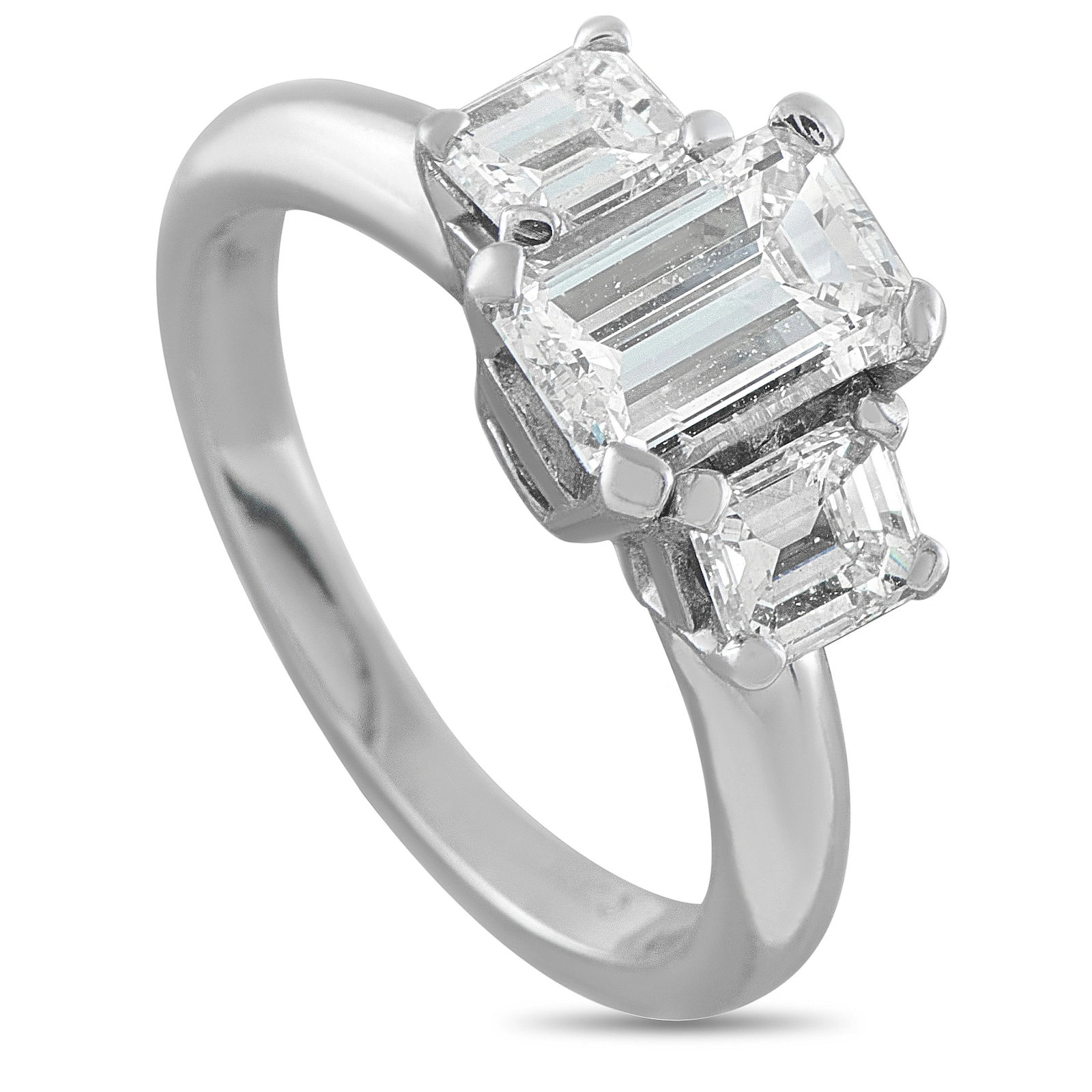 1.63ctw Diamond and 14K White Gold 3-Stone Ring: 1.63ctw SI1-SI2/G-H Diamond and 14K White Gold 3-Stone Ring - This timeless three-stone ring centers on an approximately 1.03 carat emerald-cut diamond, flanked by additional diamonds totaling