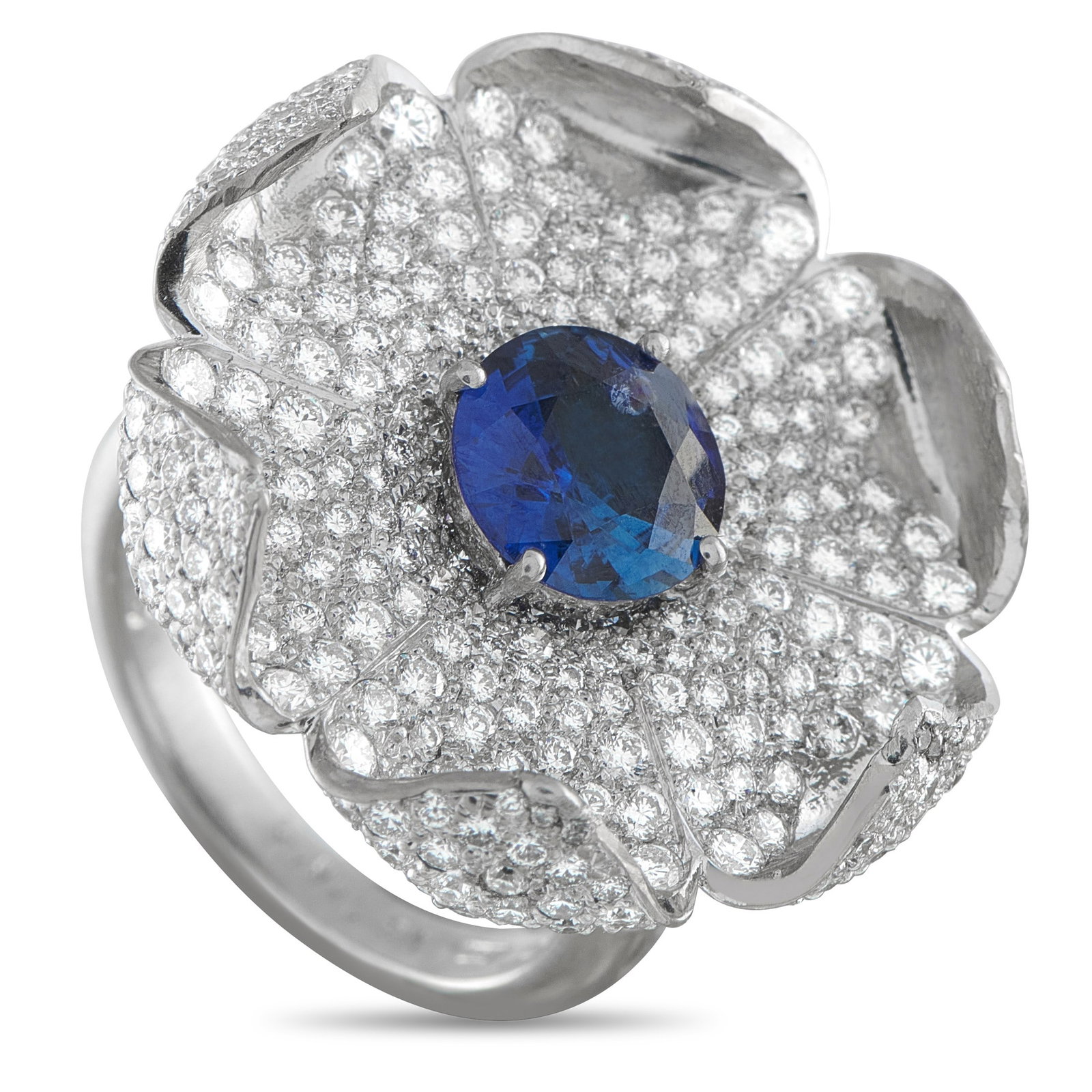 2.50ctw Diamond, 1.50ct Blue Sapphire and Platinum Ring: 2.50ctw VS2-SI1/G-H Diamond, 1.50ct Blue Sapphire and Platinum Flower Ring - This elegant ring brings together classic opulence and a refined floral motif, centered around an approximately 1.50 carat 