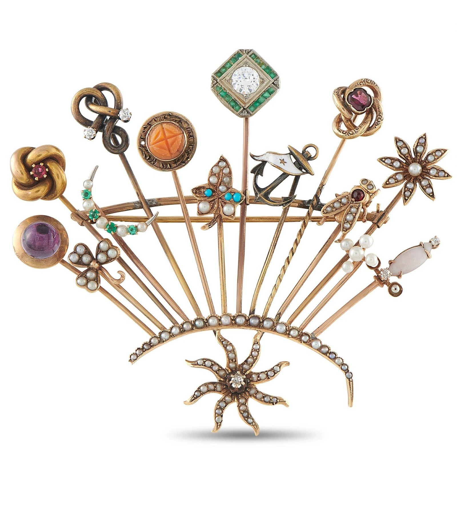 14K Gold, 0.60ctw Diamond and Multi-Gemstone Fan Brooch: 14K Rose Gold, 0.60ctw Diamond and Multi-Gemstone Fan Brooch - An exceptional antique fan-shaped brooch, masterfully crafted in 14K rose gold and ingeniously designed as an elegant holder for a treasu