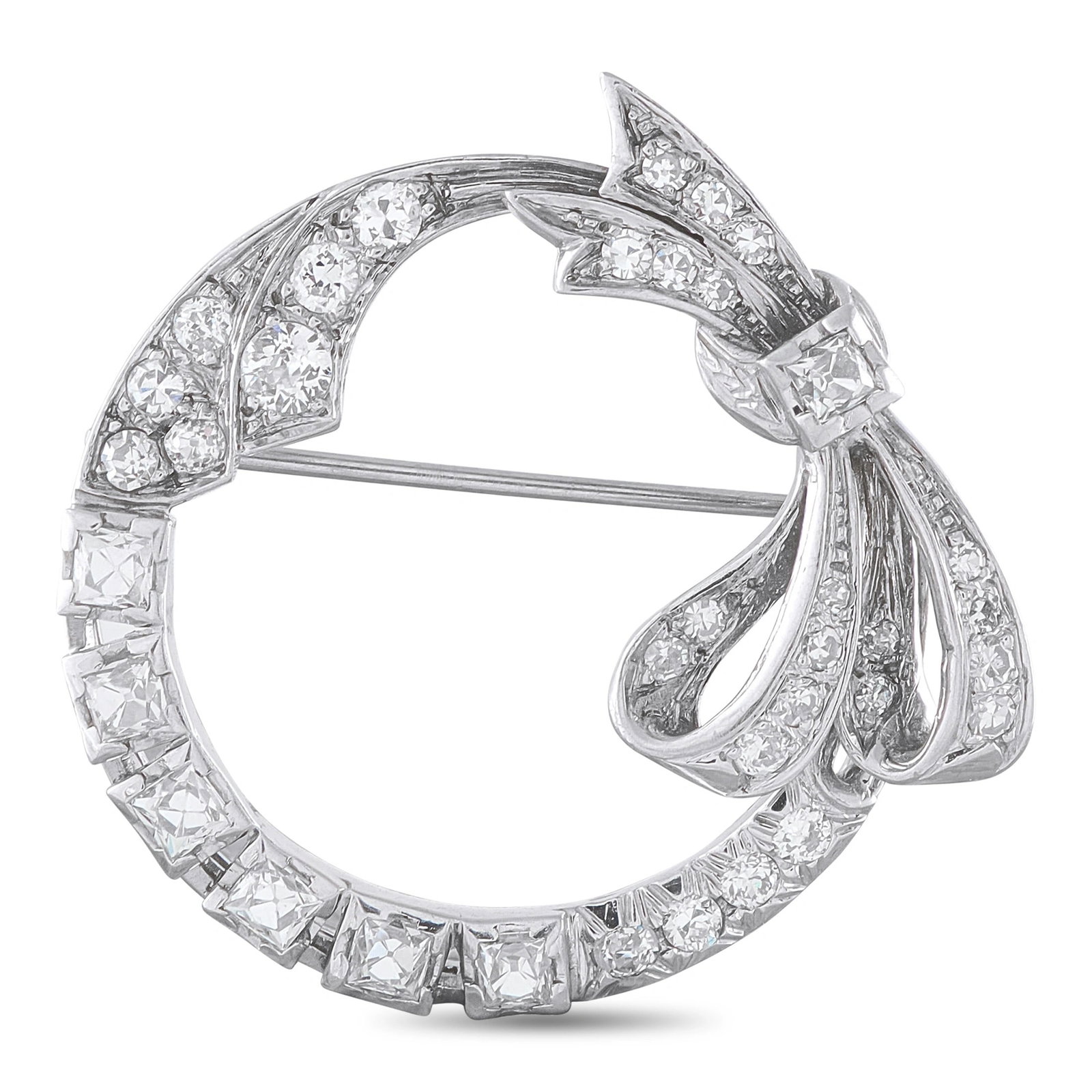1.75ctw Diamond and 14K White Gold Circle Bow Brooch: 1.75ctw SI1-SI2/G-H Diamond and 14K White Gold 1.30" Circle Bow Brooch - This elegant brooch showcases a sophisticated open-circle design crafted in 14K white gold and illuminated by approximately 1.7