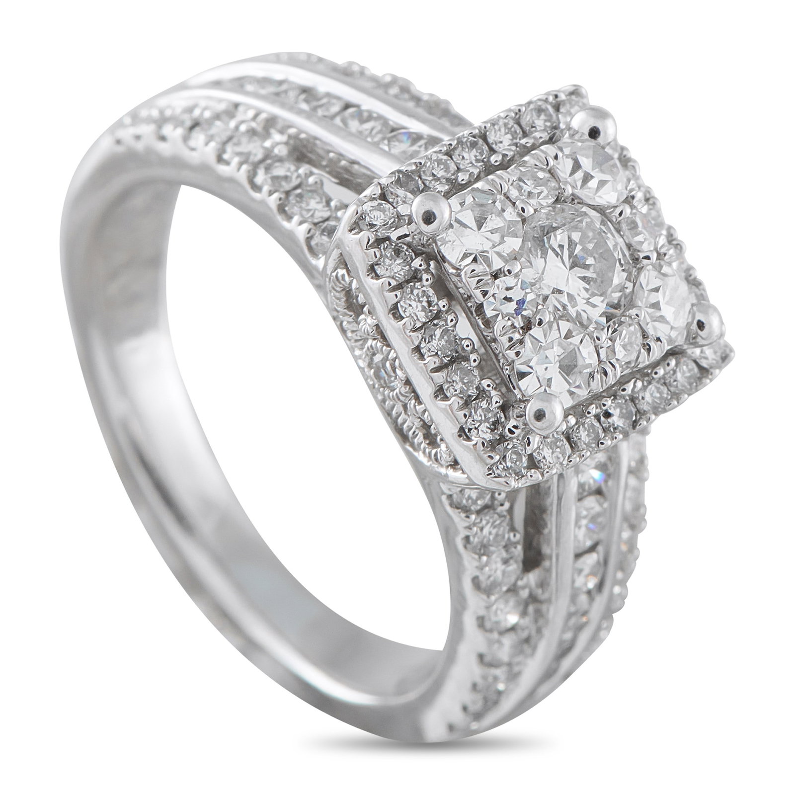 1.30ctw Diamond and 14K White Gold Ring: 1.30ctw SI1-SI2/G-H Diamond and 14K White Gold Ring - This sophisticated ring showcases a distinctive square-shaped diamond cluster, with round diamonds arranged closely together to create the impress