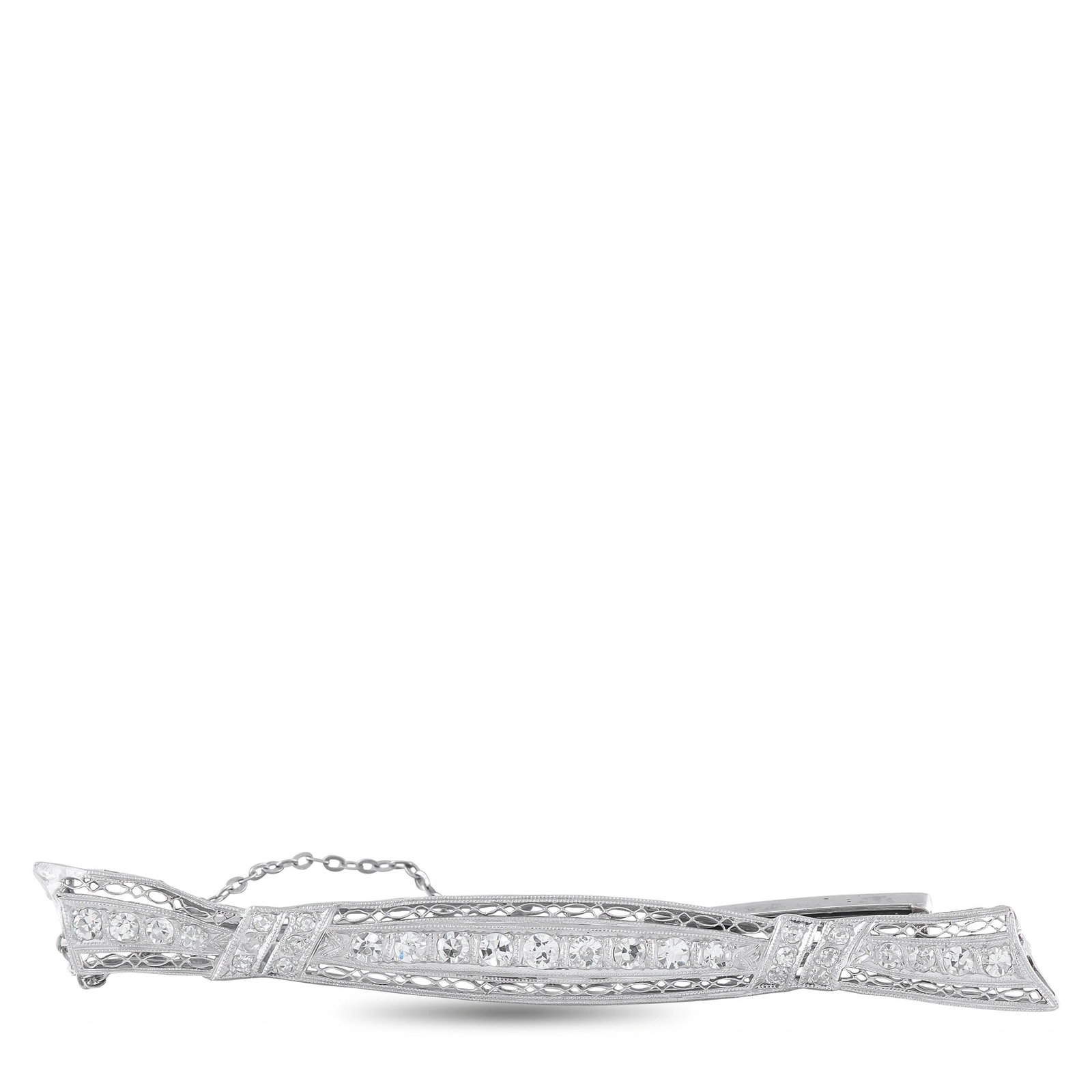1.00ctw Old European-Cut Diamond and Platinum/14K Brooch: 1.00ctw Old European-Cut Diamond and Platinum/14K White Gold 3" Bar Brooch - This exceptional Art Deco bar brooch showcases a refined combination of platinum and 14K white gold, featuring a continuous