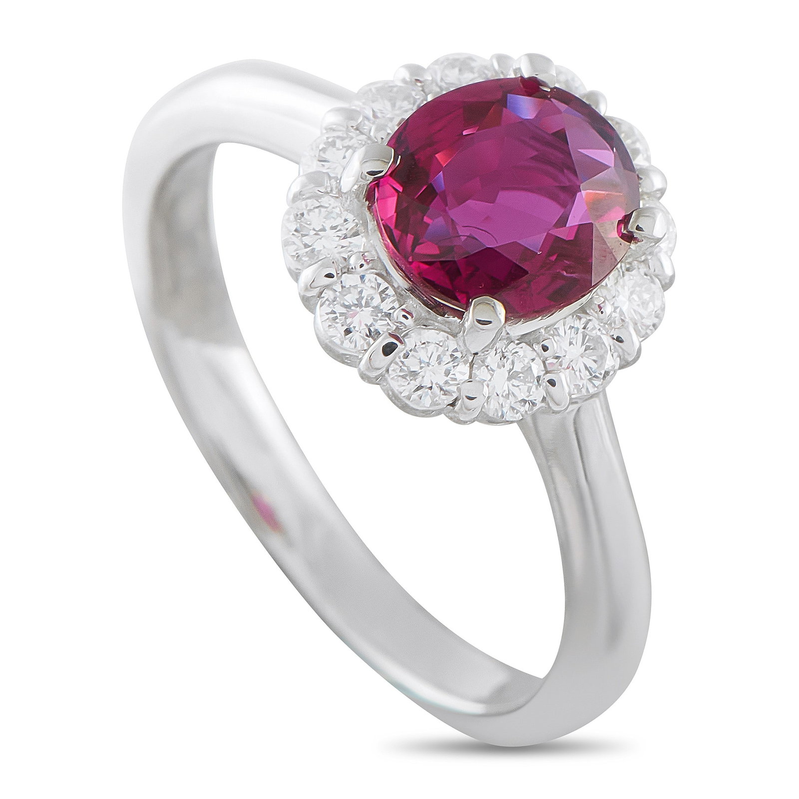 1.30ct Ruby, 0.40ctw Diamond and Platinum Ring: 1.30ct Ruby, 0.40ctw Diamond and Platinum Ring - A timeless design centered by an approximately 1.30-carat ruby, this elegant ring is framed by a delicate halo of sparkling diamonds totaling