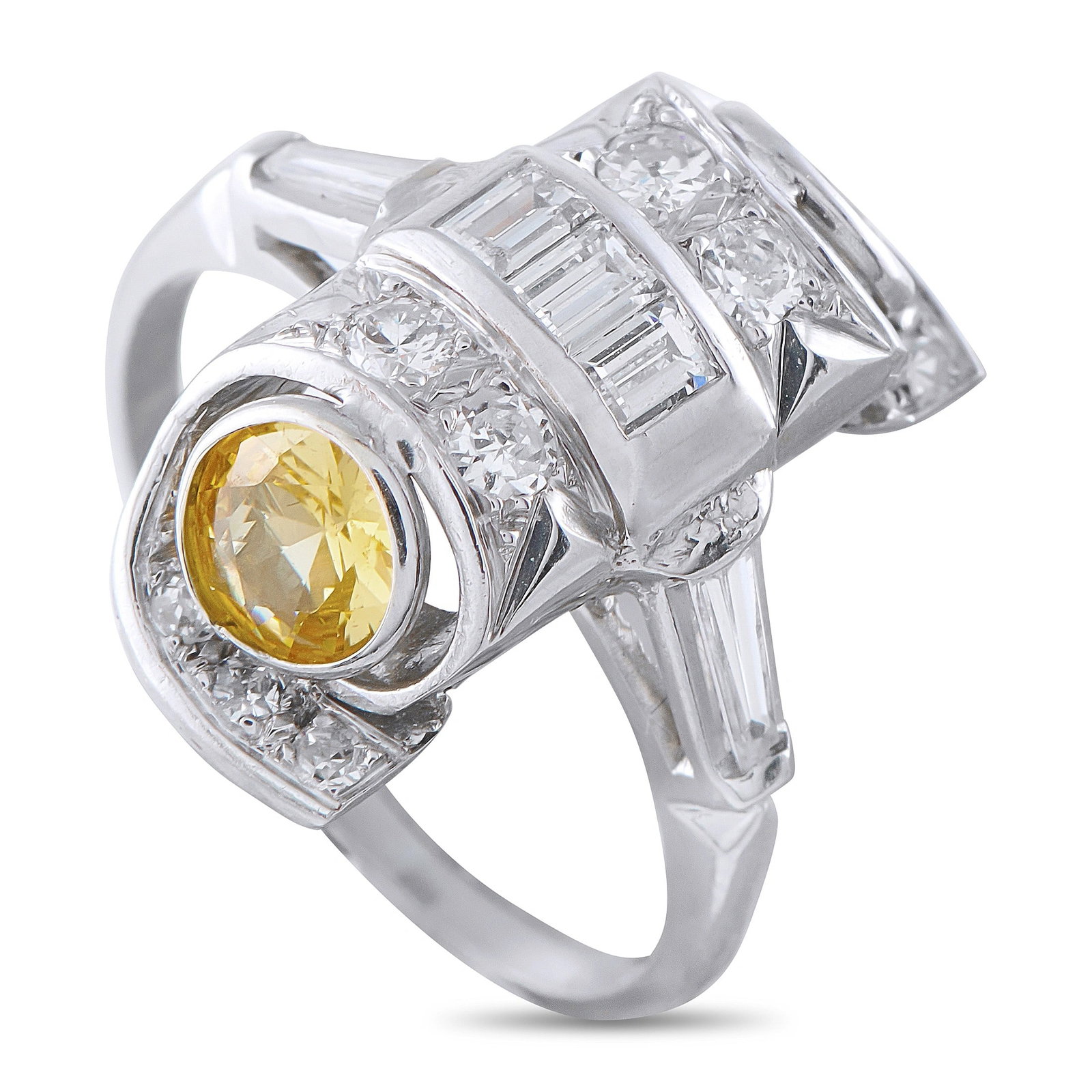 1.00ct Yellow Sapphire, 0.80ctw Diamond, Platinum Ring: 1.00ct Yellow Sapphire, 0.80ctw Diamond and Platinum Ring - A striking mid-century cocktail ring crafted in platinum, featuring an approximately 1.00-carat round yellow sapphire in a sleek bezel