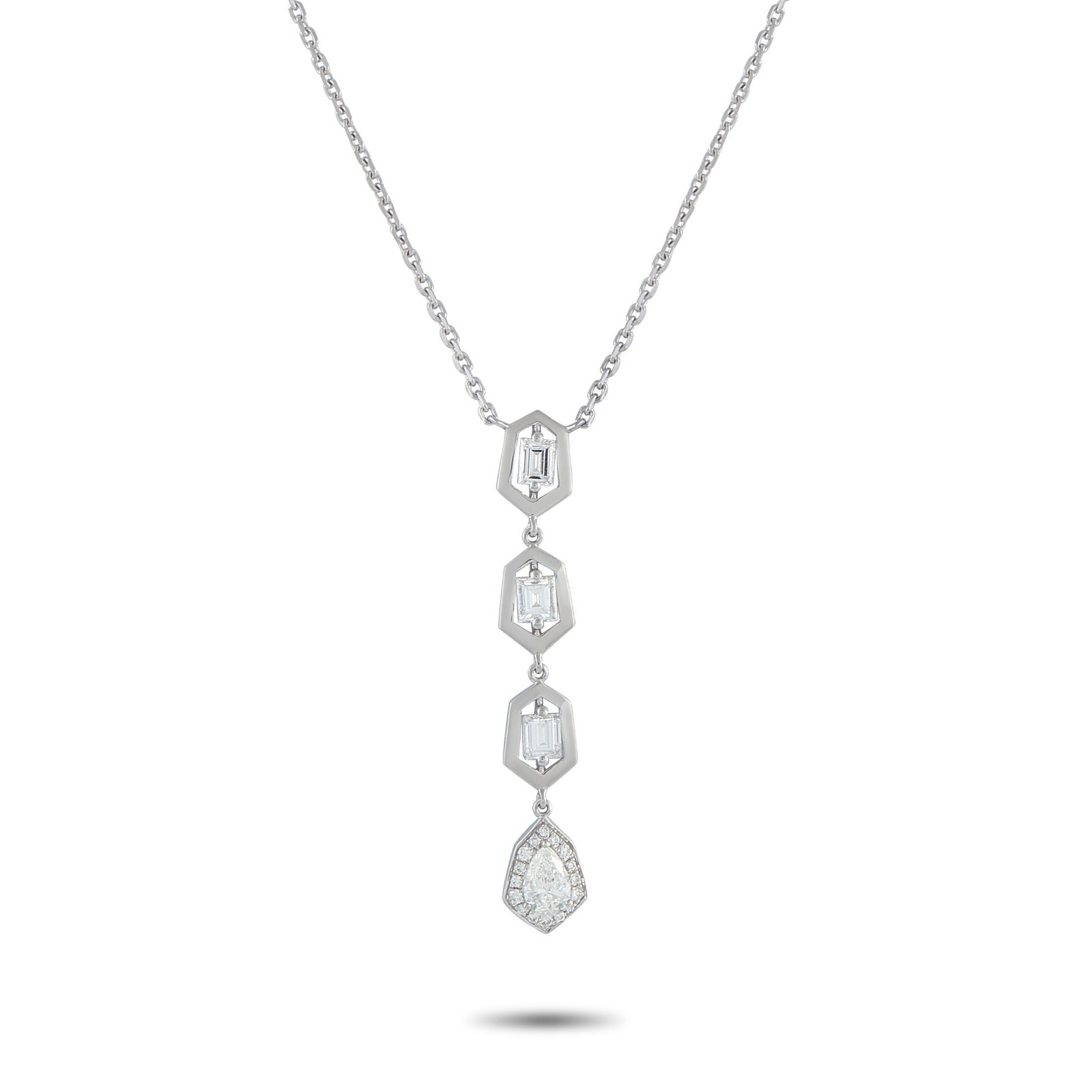1.25ctw Diamond and 18K White Gold Geometric Necklace: 1.25ctw VS2-SI1/G-H Diamond and 18K White Gold Geometric Drop Necklace - Modern and architectural, this elegant drop necklace showcases a striking interplay of geometry and light. Crafted in polished