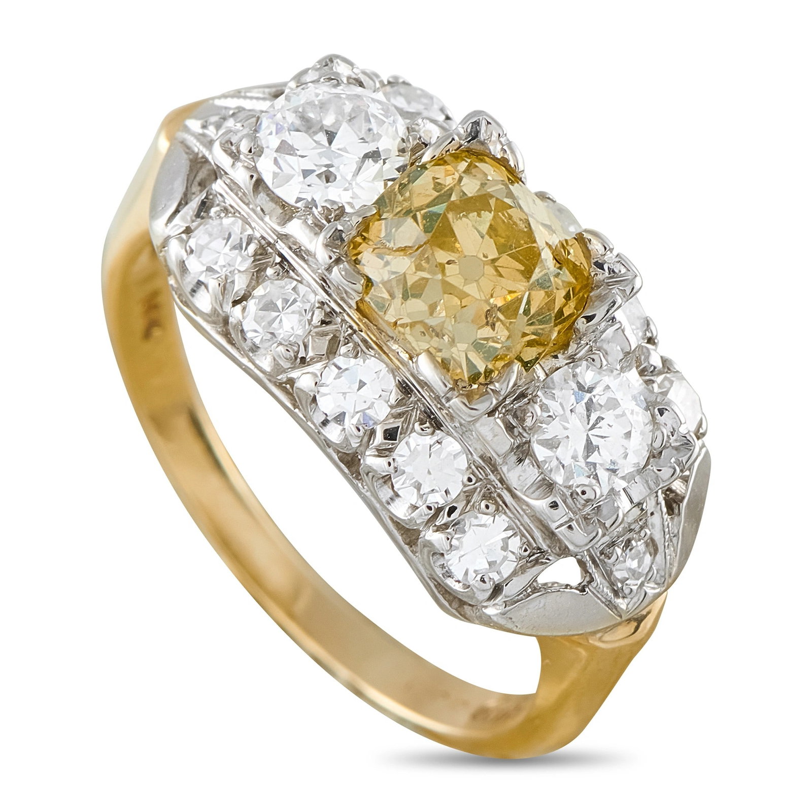 1.30ct Mine Cut Yellow Diamond, 0.80ctw Diamond, 14K Ring (1 of 4)