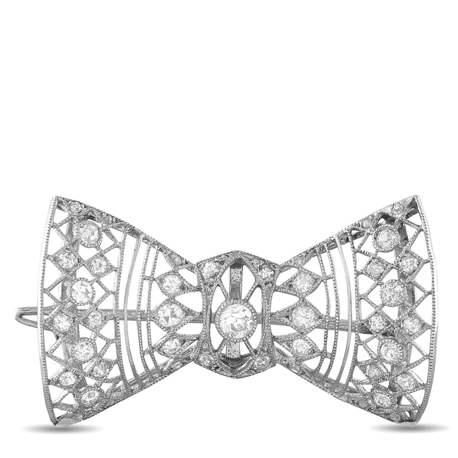 18K White Gold and 0.40ctw Diamond Bow Brooch: 18K White Gold and 0.40ctw Diamond Belle Epoque Bow Brooch - An elegant Belle Epoque-inspired bow brooch crafted in 18K white gold, featuring an intricate openwork design accented by delicate millegra