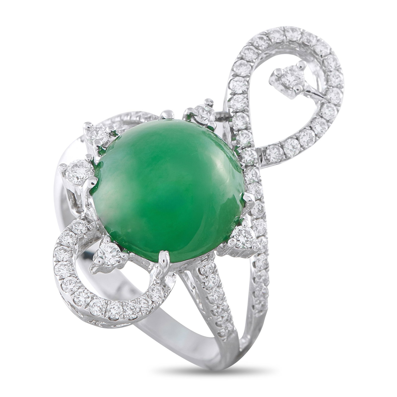 4.80ct Jade, 1.00ctw Diamond and 18K White Gold Ring: 4.80ct Jade, 1.00ctw SI1-SI2/G-H Diamond and 18K White Gold Ring - A striking sculptural design crafted in 18K white gold, featuring a gracefully curved mounting that showcases an approximately 4.80-c