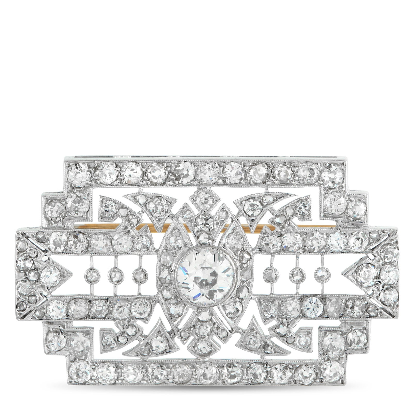 3.70ctw VS1-VS2/G-H Diamond and Platinum Brooch: 3.70ctw VS1-VS2/G-H Diamond and Platinum Brooch - A striking example of Art Deco sophistication, this elegant platinum brooch showcases the era's celebrated emphasis on geometry, symmetry, and refined