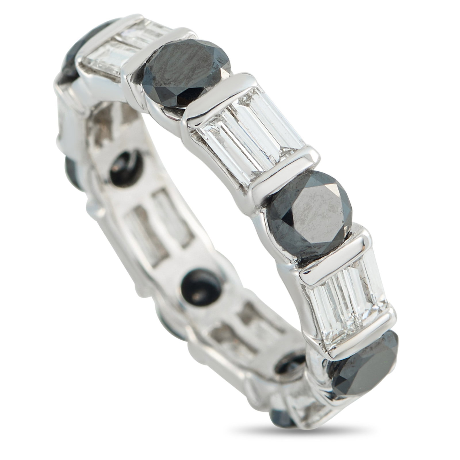 3.50ctw Blue and White Diamond 18K White Gold Ring: 3.50ctw Blue and White Diamond 18K White Gold Ring - A sophisticated eternity band crafted in 18K white gold, featuring a striking alternating pattern of approximately 1.75 carats of blue diamonds and