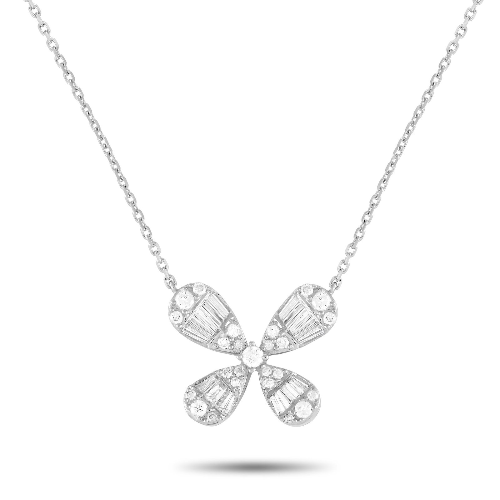 14K White Gold and 0.75ctw Diamond 16" Necklace: 14K White Gold and 0.75ctw Diamond 16" Four Petal Flower Necklace - Feminine and refined, this necklace showcases a flower-inspired pendant with four pear-shaped petals adorned by a mix of round and t