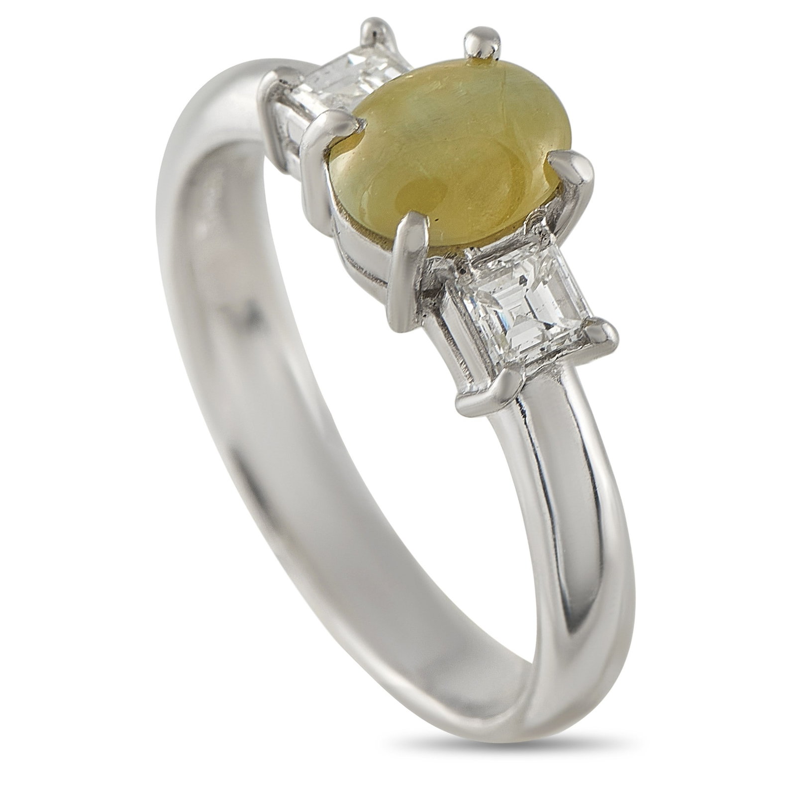 1.00ct Cat's Eye, 0.30ctw Diamond and Platinum Ring: 1.00ct Cat's Eye, 0.30ctw Diamond and Platinum Ring - A captivating 1.00 carat cat's eye gemstone takes center stage in this elegant platinum ring, showcasing the distinctive luminous effect of its ch