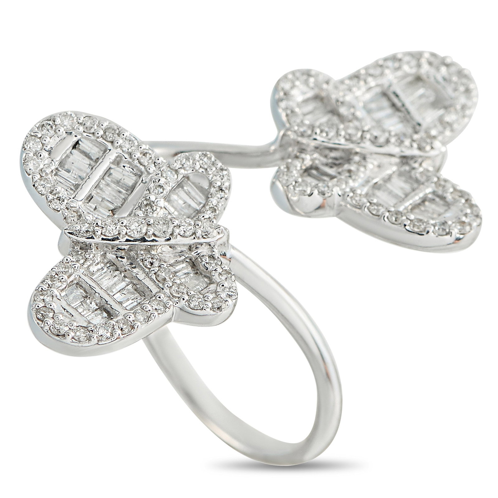 1.20ctw Diamond and 10K White Gold Butterfly Bypass Ring: 1.20ctw Diamond and 10K White Gold Butterfly Bypass Ring - Delicate butterfly motifs bring a whimsical touch to this elegant bypass ring, with each butterfly gracefully positioned at opposite ends of 