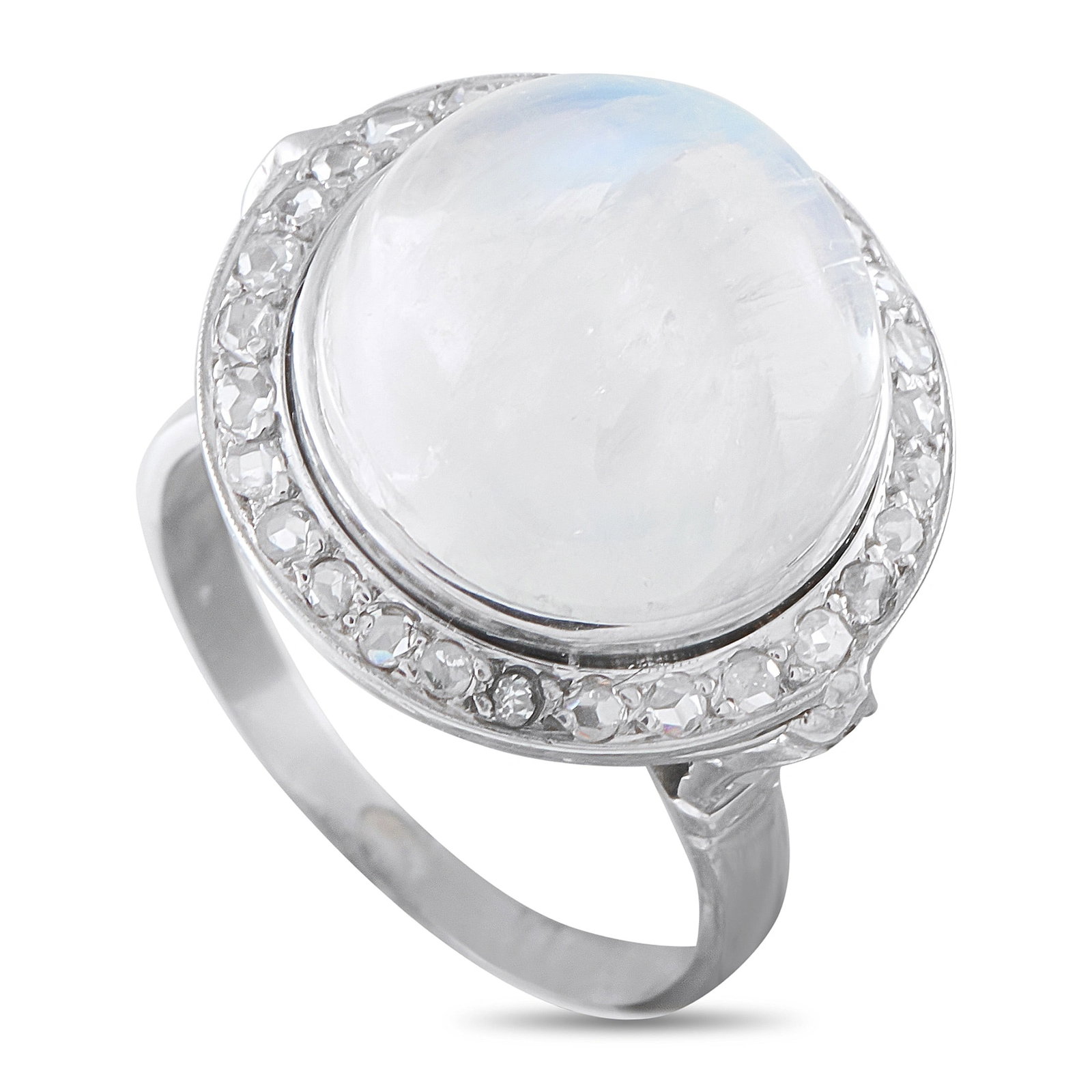 Antique Moonstone, 0.35ctw Diamond and Platinum Ring: Antique Cabochon Moonstone, 0.35ctw Rose-Cut Diamond and Platinum Ring - A captivating antique Art Deco design, this platinum ring showcases a substantial cabochon-cut moonstone at the center, prized 